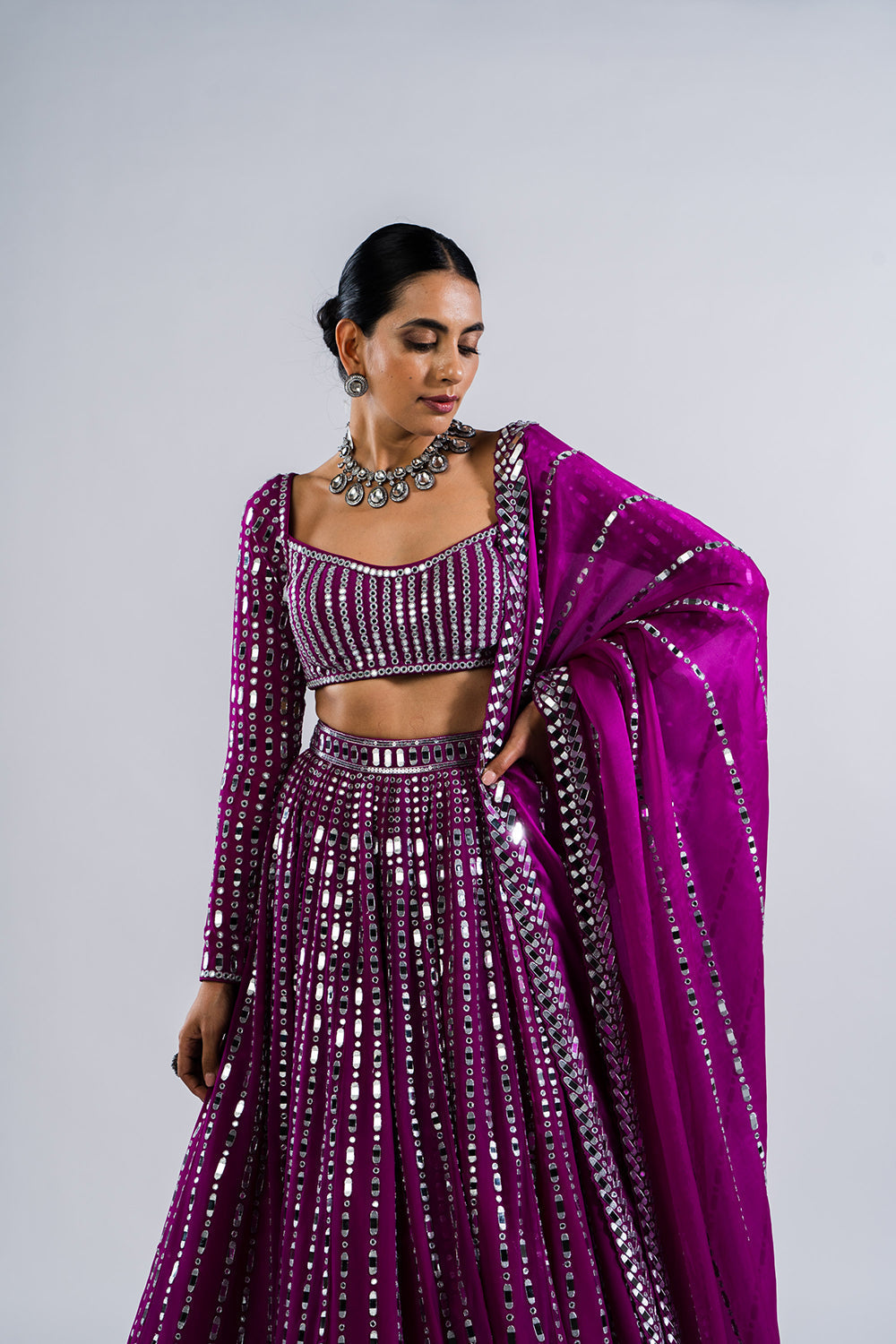 Pop Wine Linear Drop Lehenga Set.