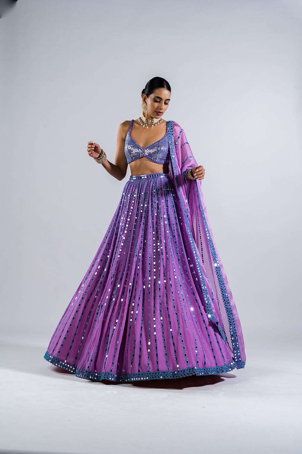 Mauve Linear Drop Lehenga With Metallic Blouse