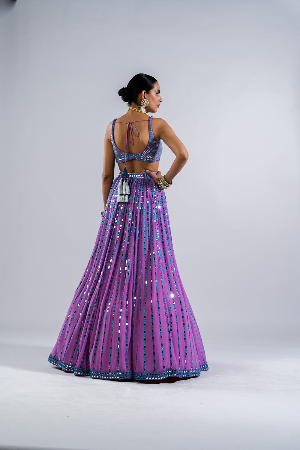 Mauve Linear Drop Lehenga With Metallic Blouse