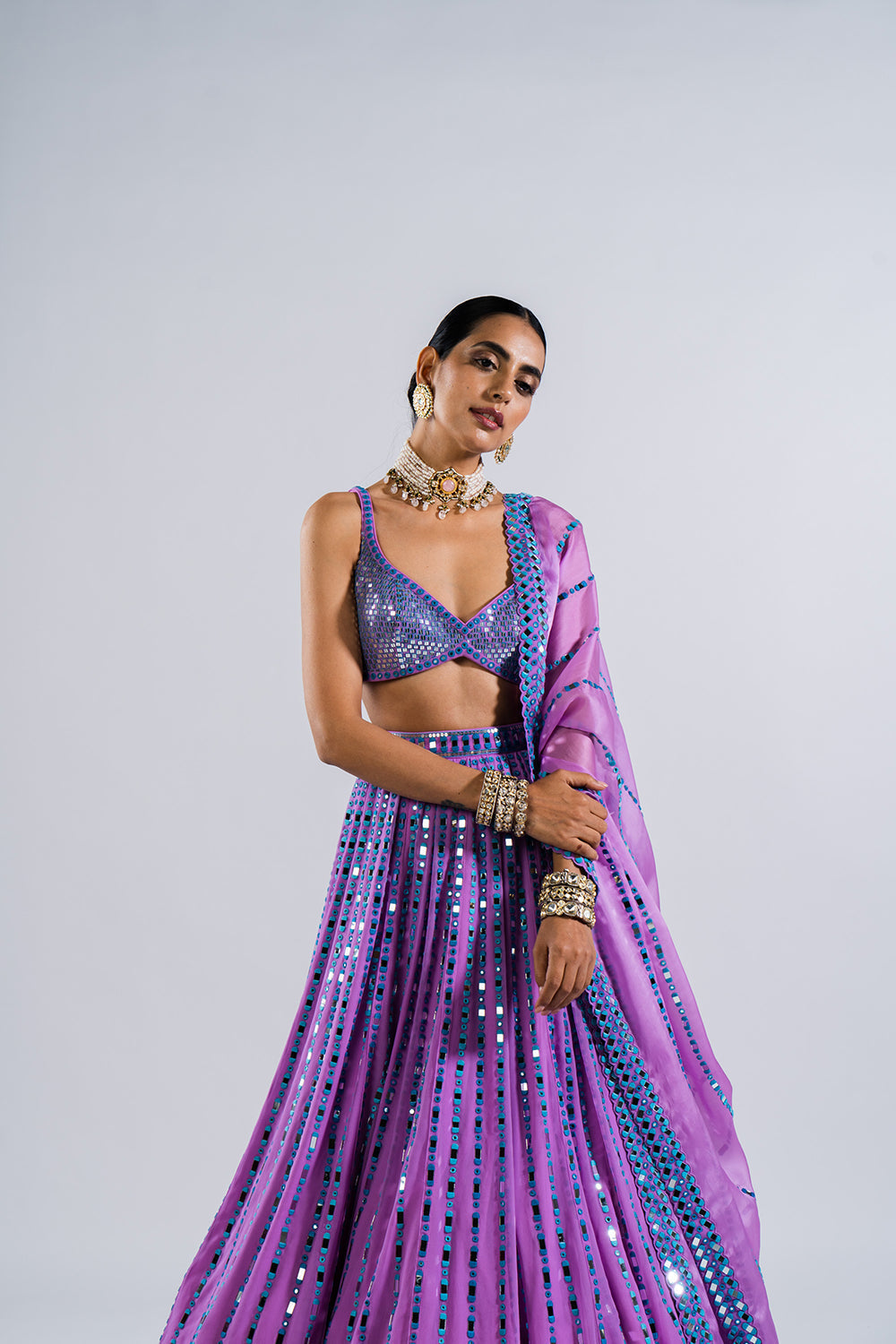 Mauve Linear Drop Lehenga With Metallic Blouse