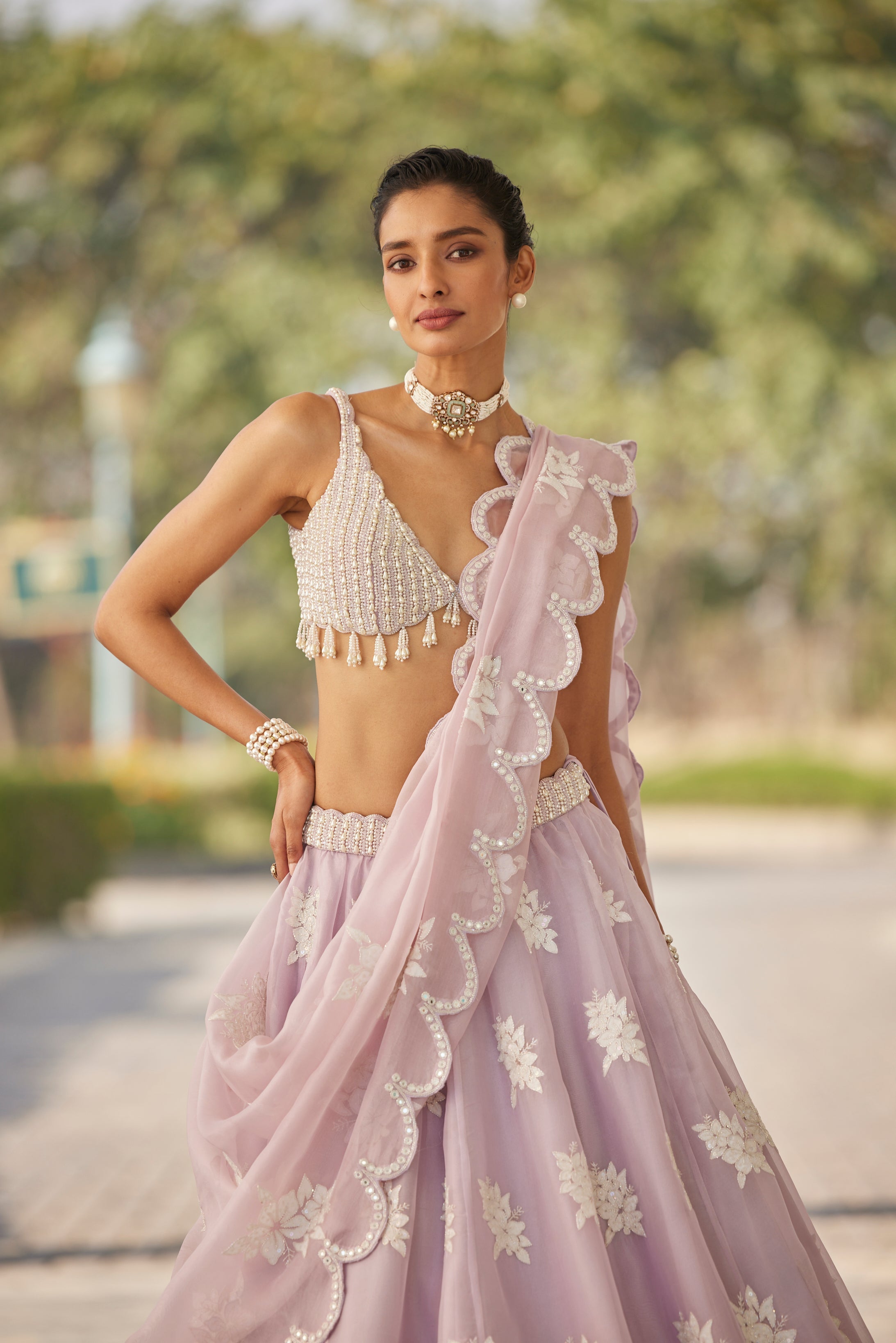 Powder Lilac Flower Lehenga Set