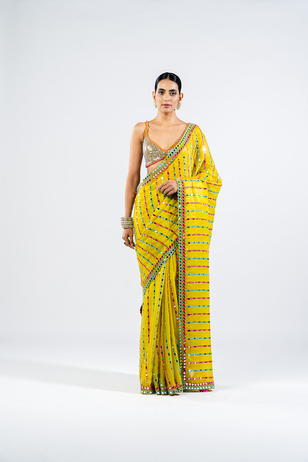 Moss Green Mirror Saree With Metallic Blouse