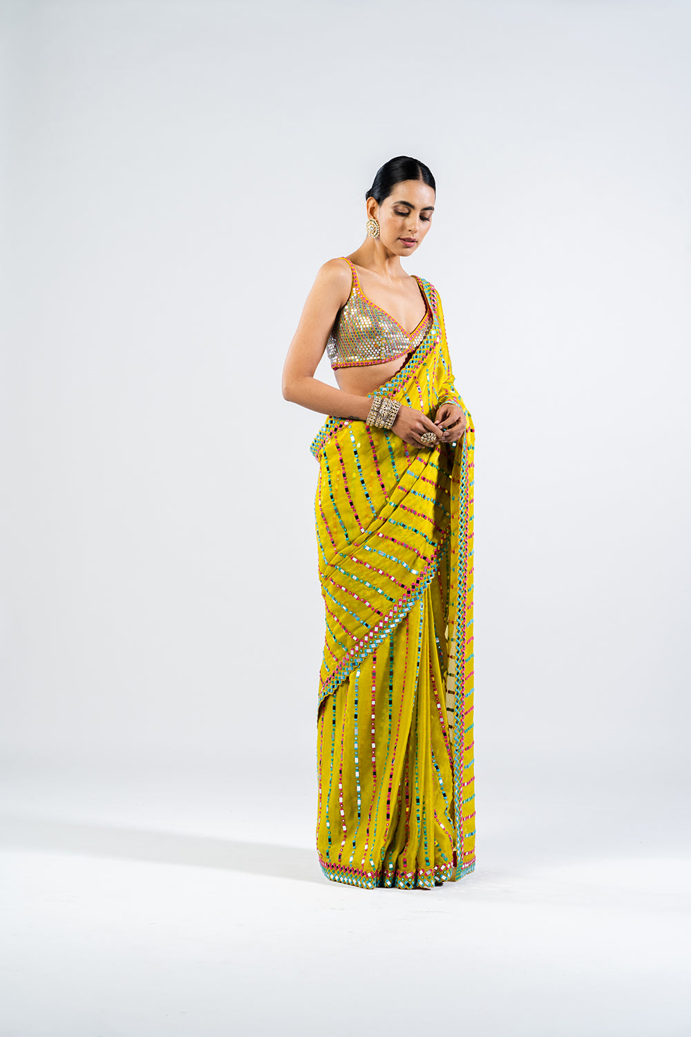 Moss Green Mirror Saree With Metallic Blouse