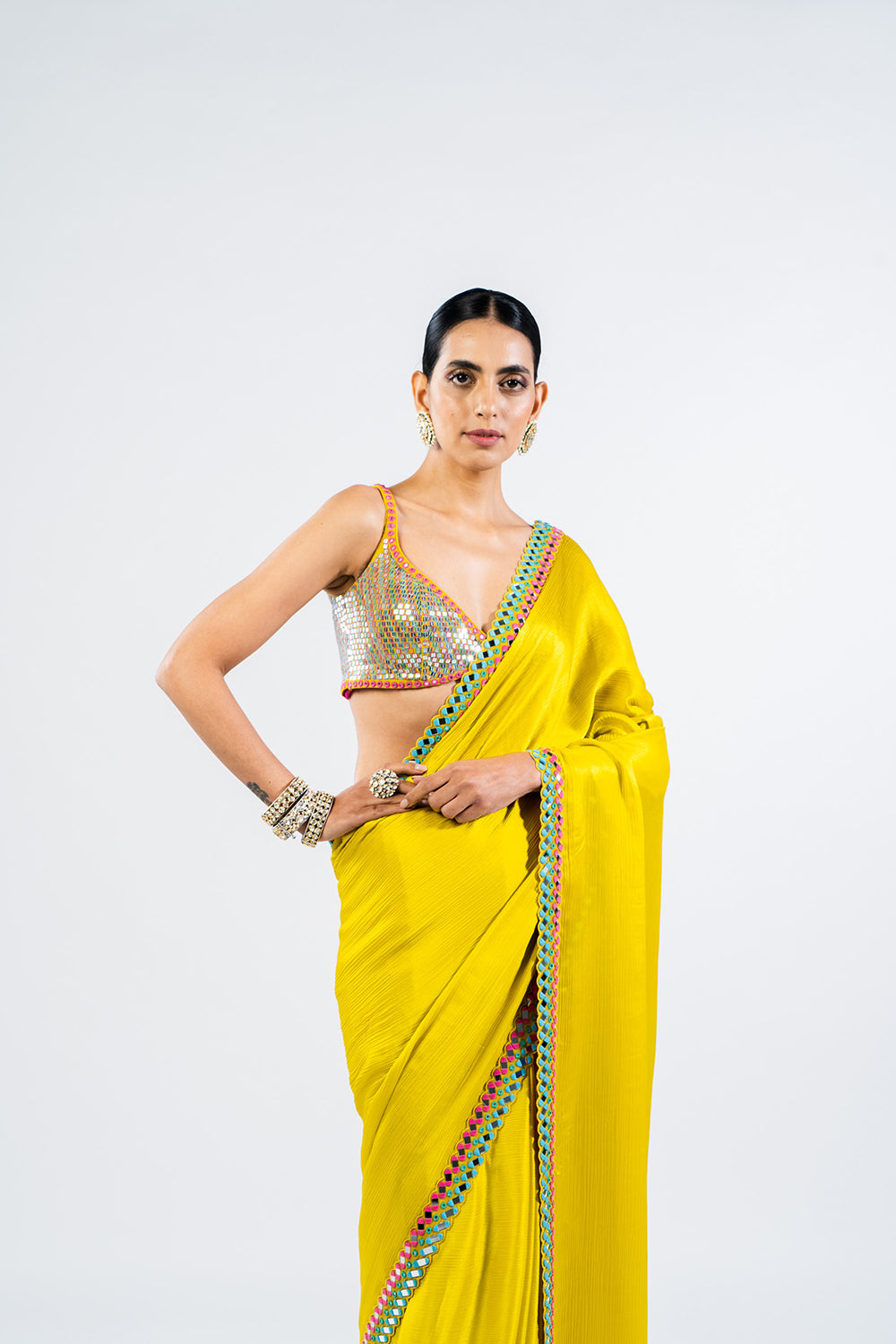 Moss Green Satin Chiffon Saree With Metallic Blouse