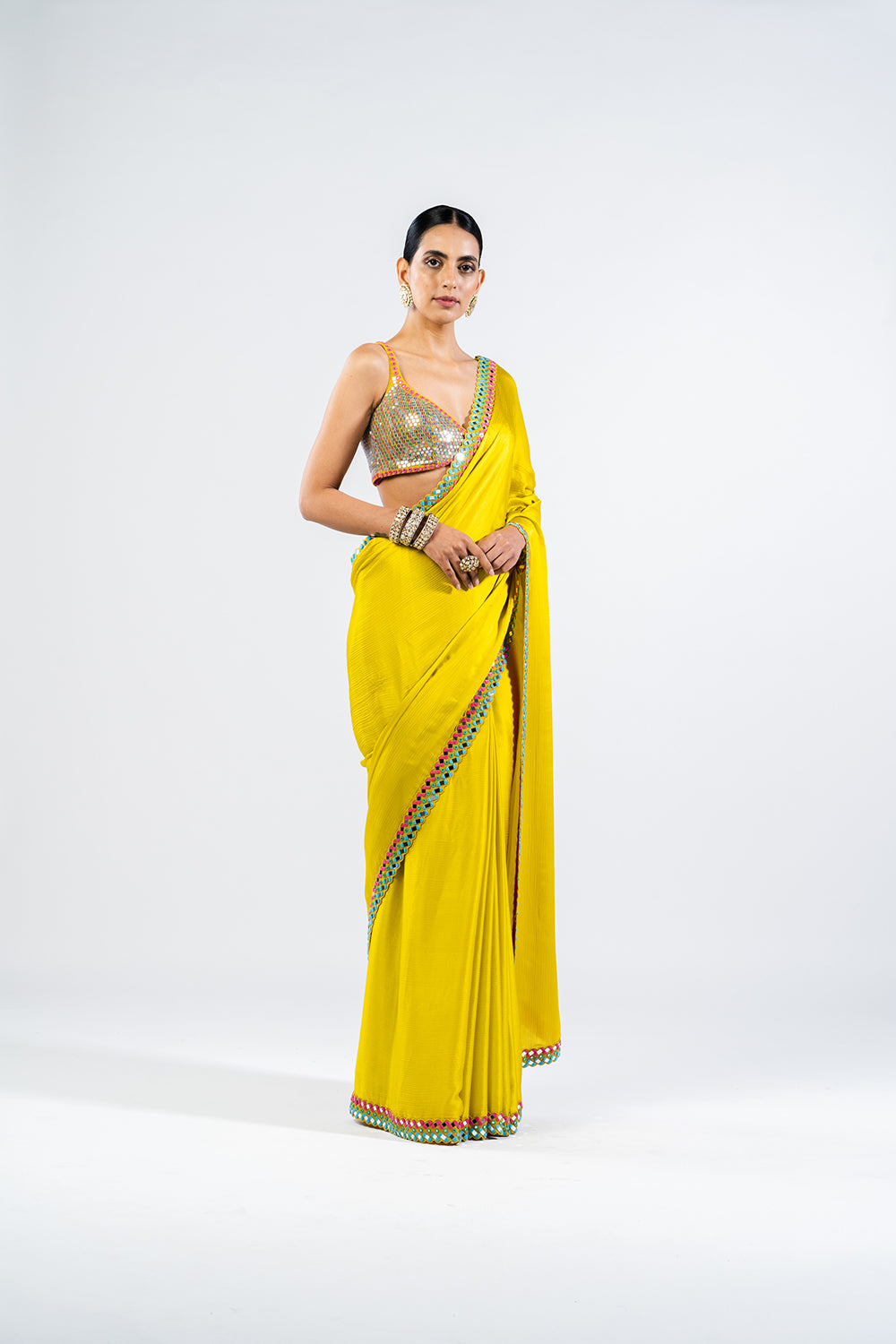 Moss Green Satin Chiffon Saree With Metallic Blouse