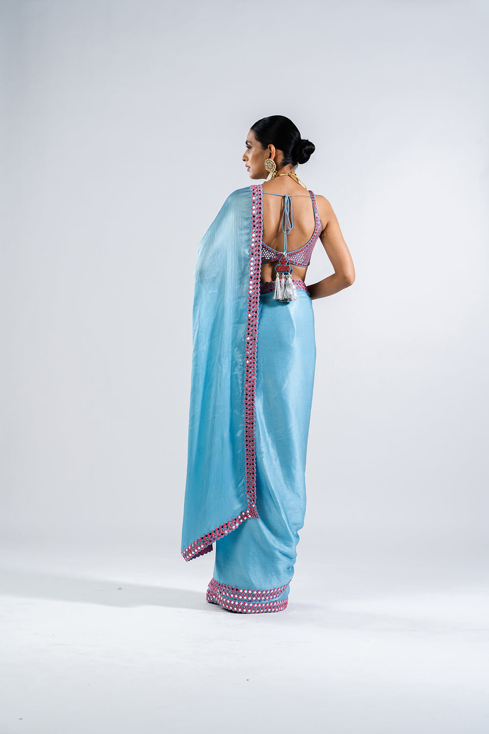 Ice Blue Satin Chiffon Saree Set