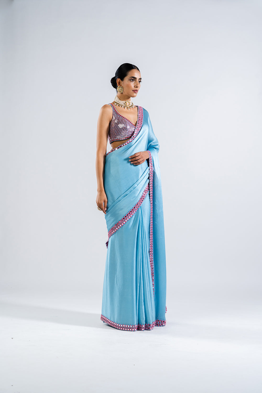 Ice Blue Satin Chiffon Saree Set