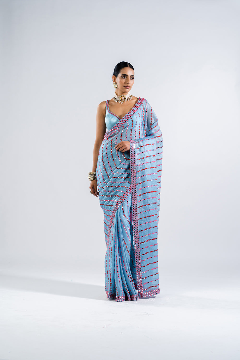 Ice Blue Heavy  Mirror Work Saree Set.