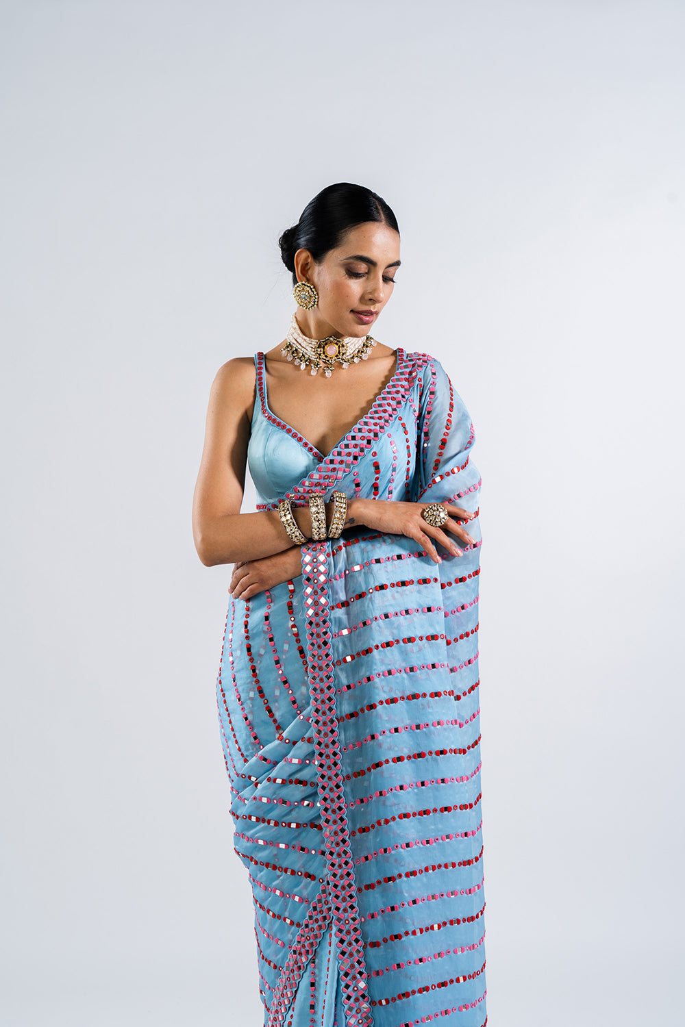 Ice Blue Heavy  Mirror Work Saree Set.