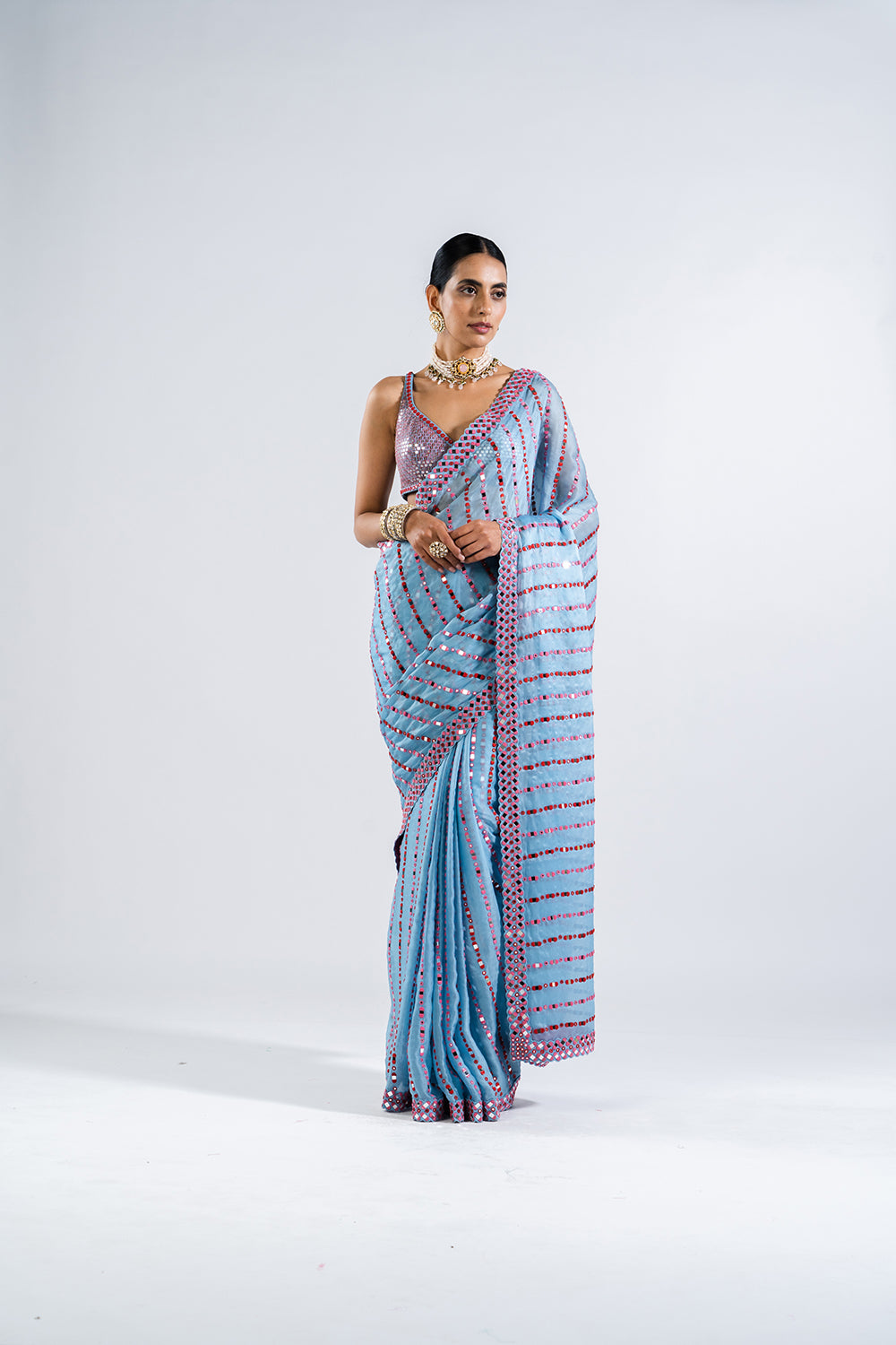 Ice Blue Heavy Mirror Work Saree With Metallic Blouse