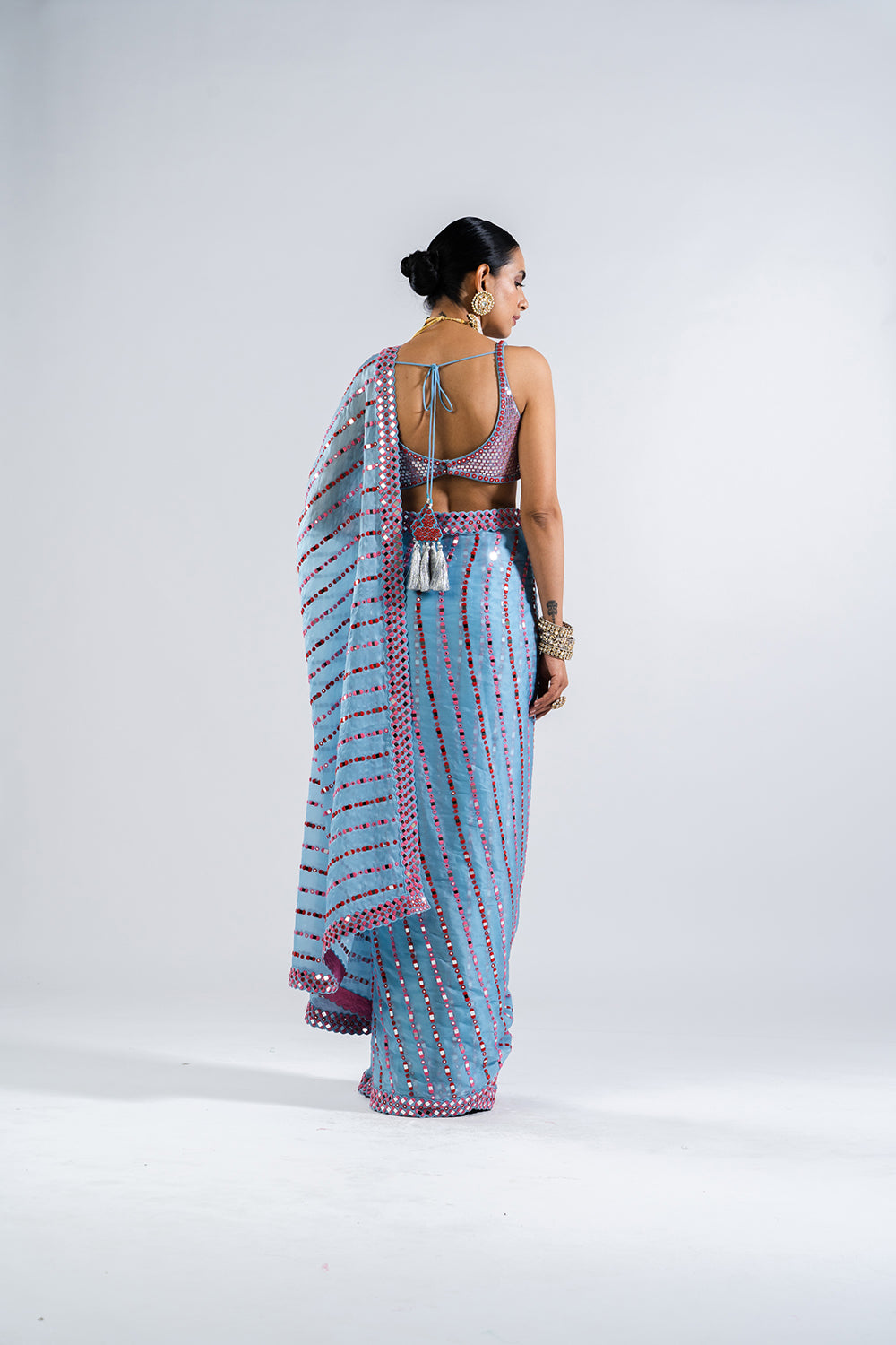 Ice Blue Heavy Mirror Work Saree With Metallic Blouse