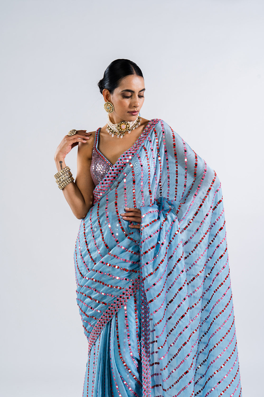 Ice Blue Heavy Mirror Work Saree With Metallic Blouse