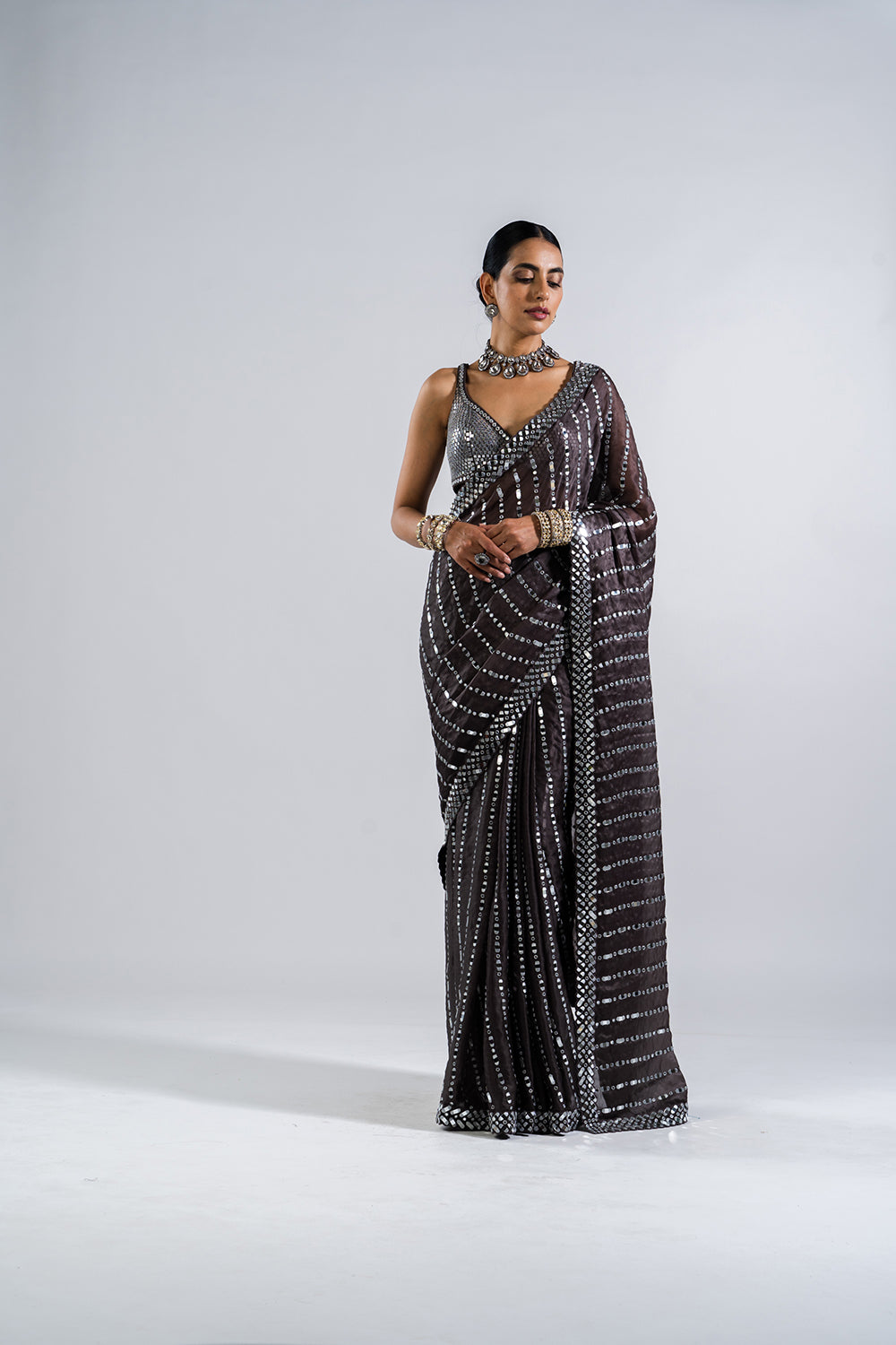 Charcoal Grey Heavy Mirror Work  Saree With  Metallic Blouse