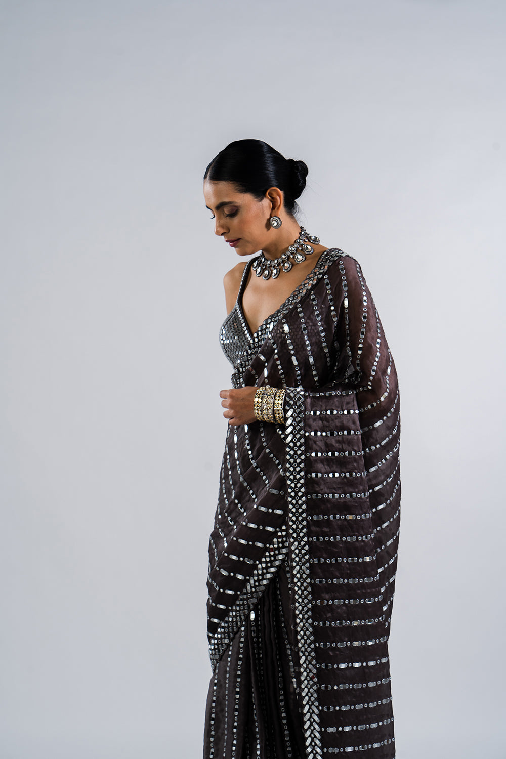 Charcoal Grey Heavy Mirror Work  Saree With  Metallic Blouse