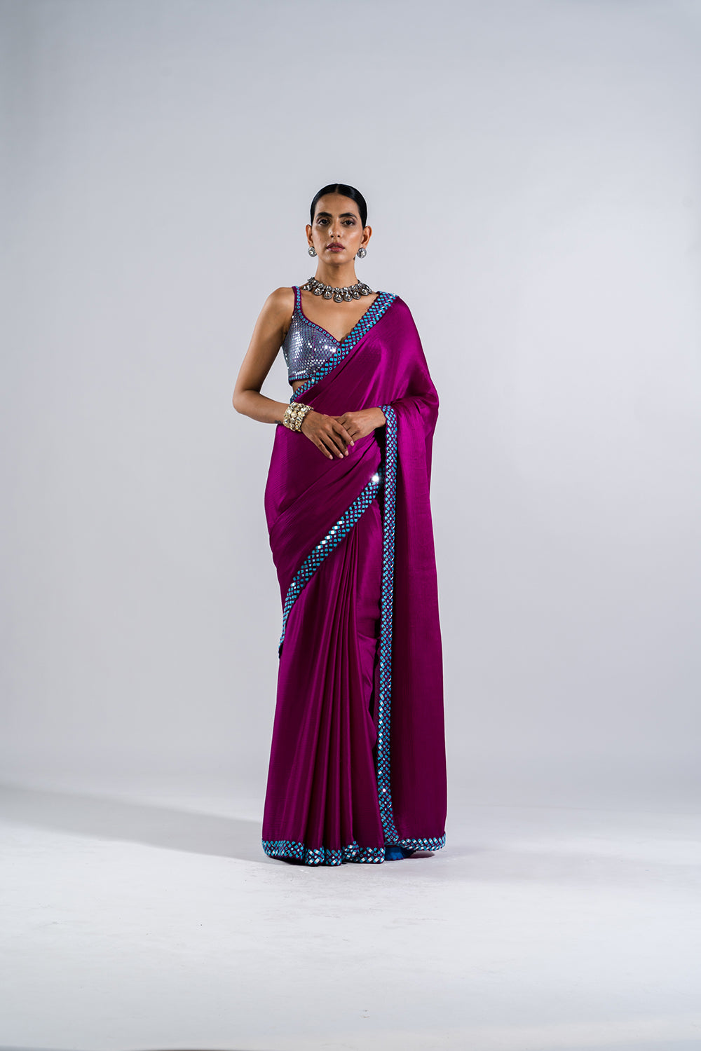 Pop Wine Satin Chiffon Saree Set