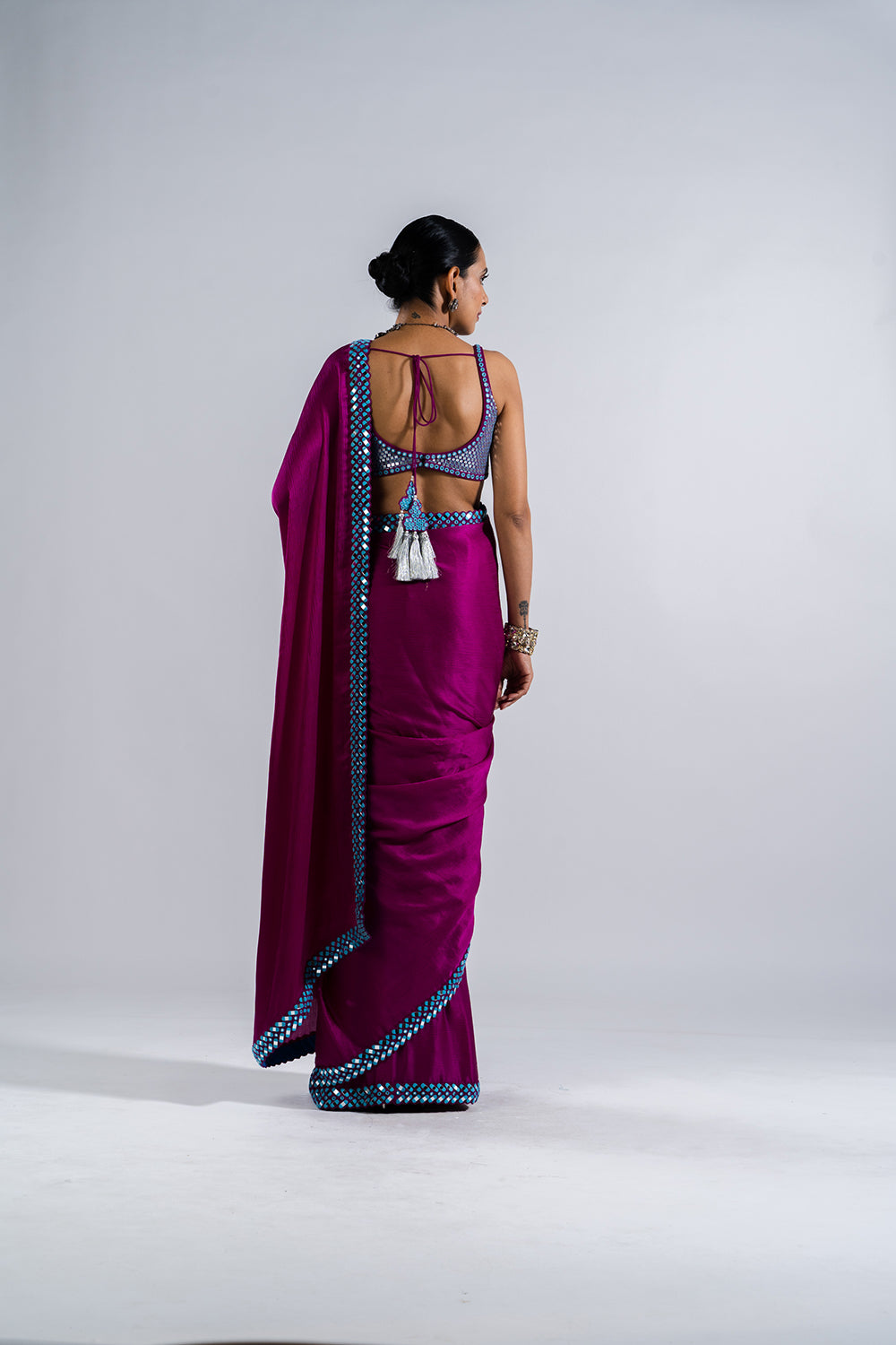 Pop Wine Satin Chiffon Saree Set