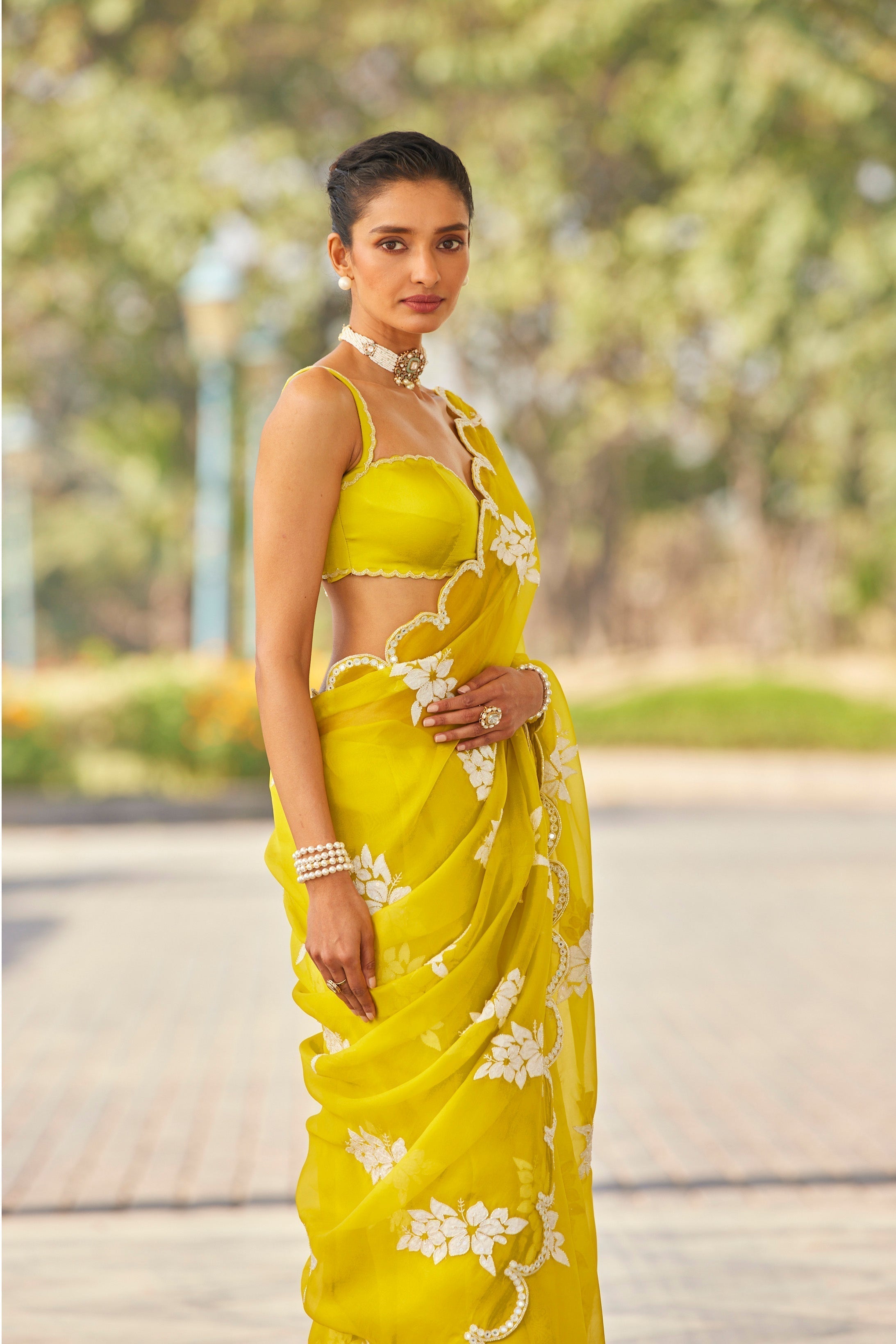 Moss Green Flower Saree Set