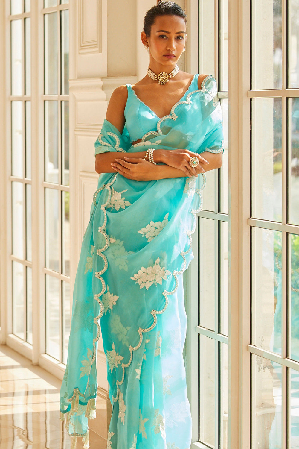 Blue Flower Saree Set