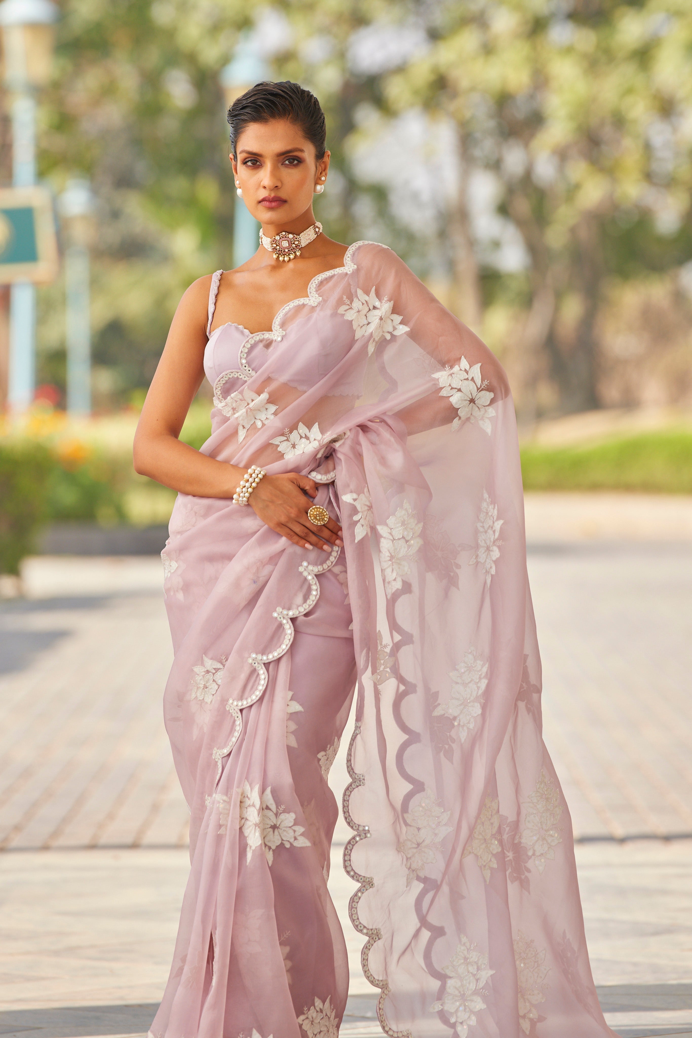 Powder Lilac Flower Saree Set