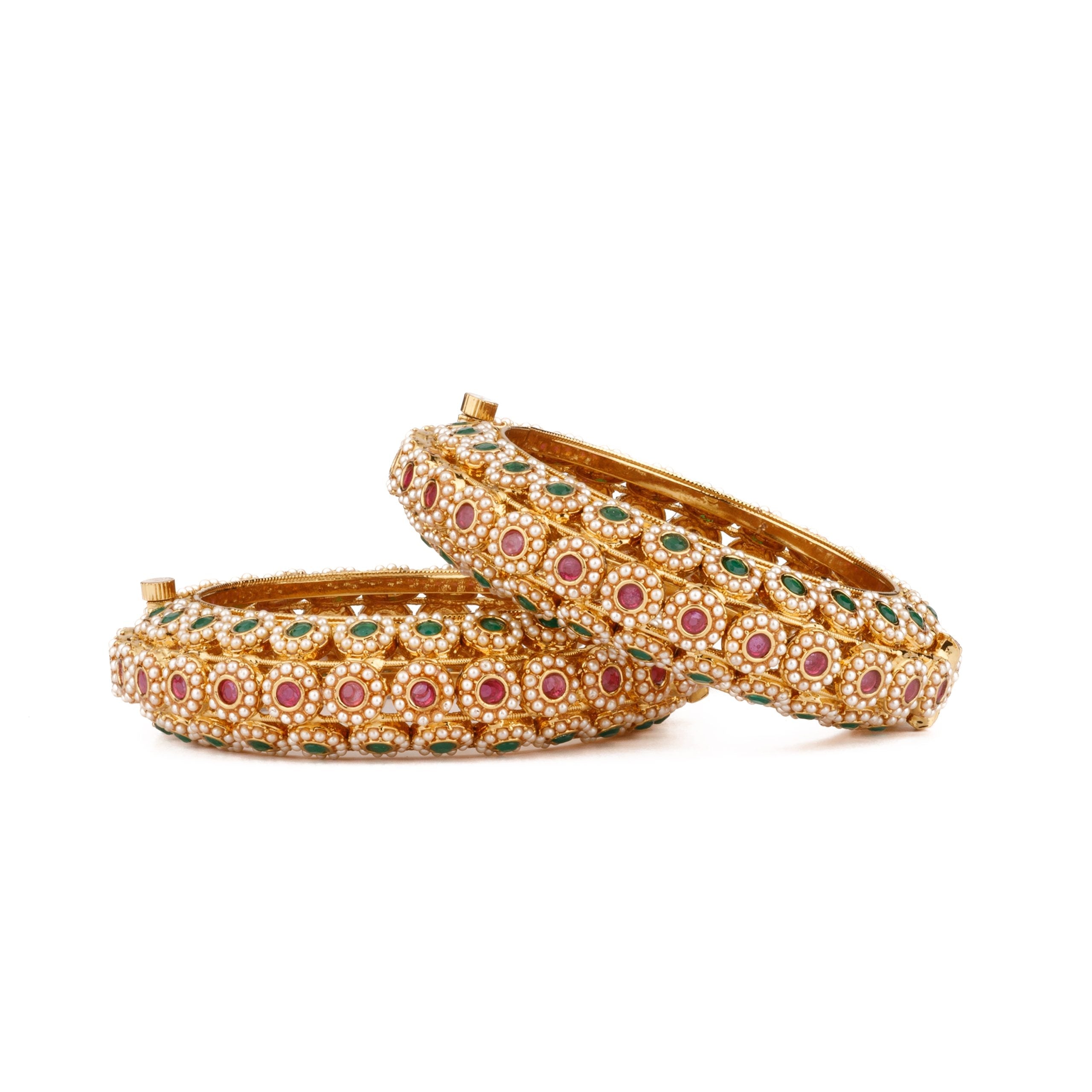 Image of Gold Plated Red & Green Onyx Stone With Pearl Kada Bangles, Set of 2