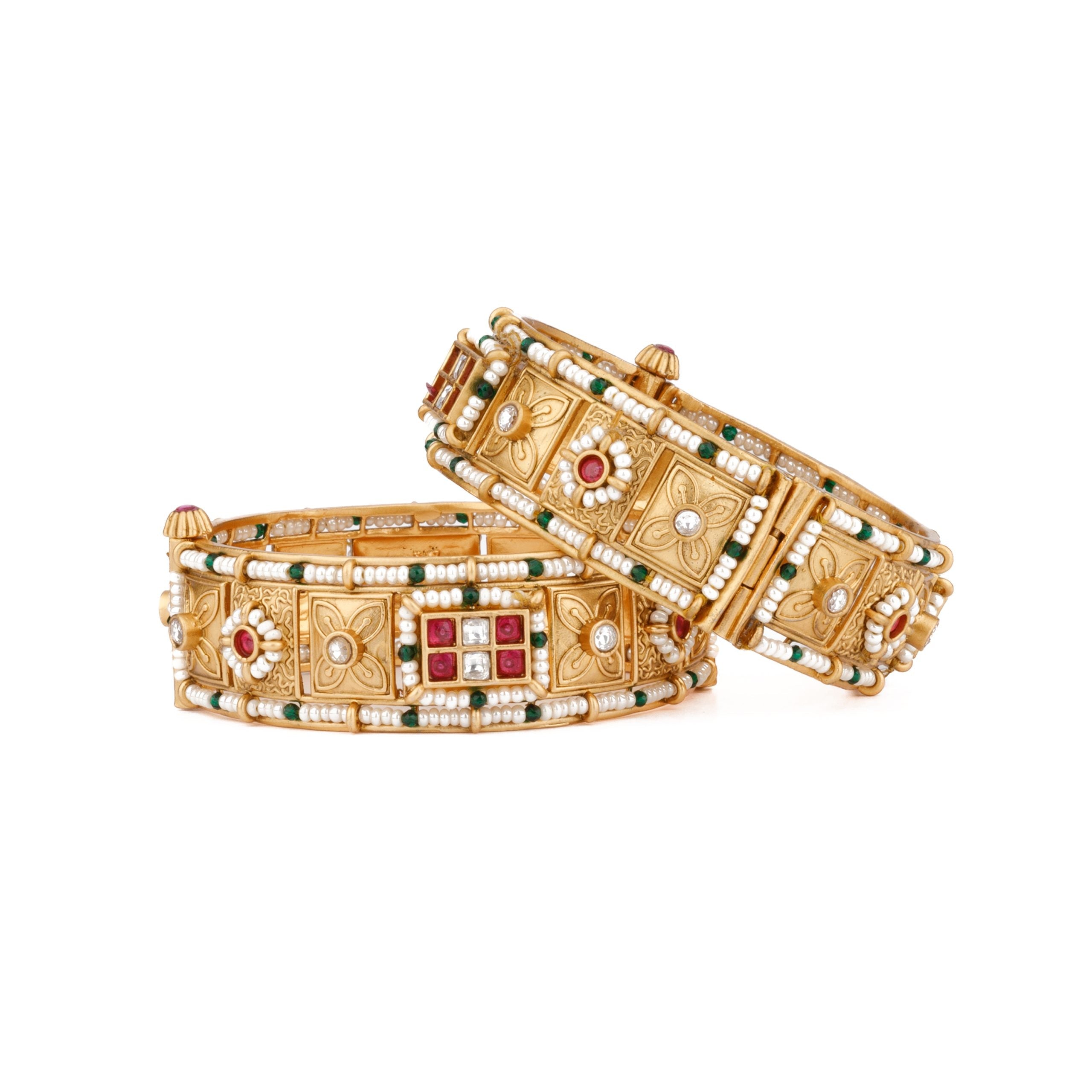 Image of Gold Plated Red & Green Onyx Stone With Pearl Studded Bangles, Set of 2