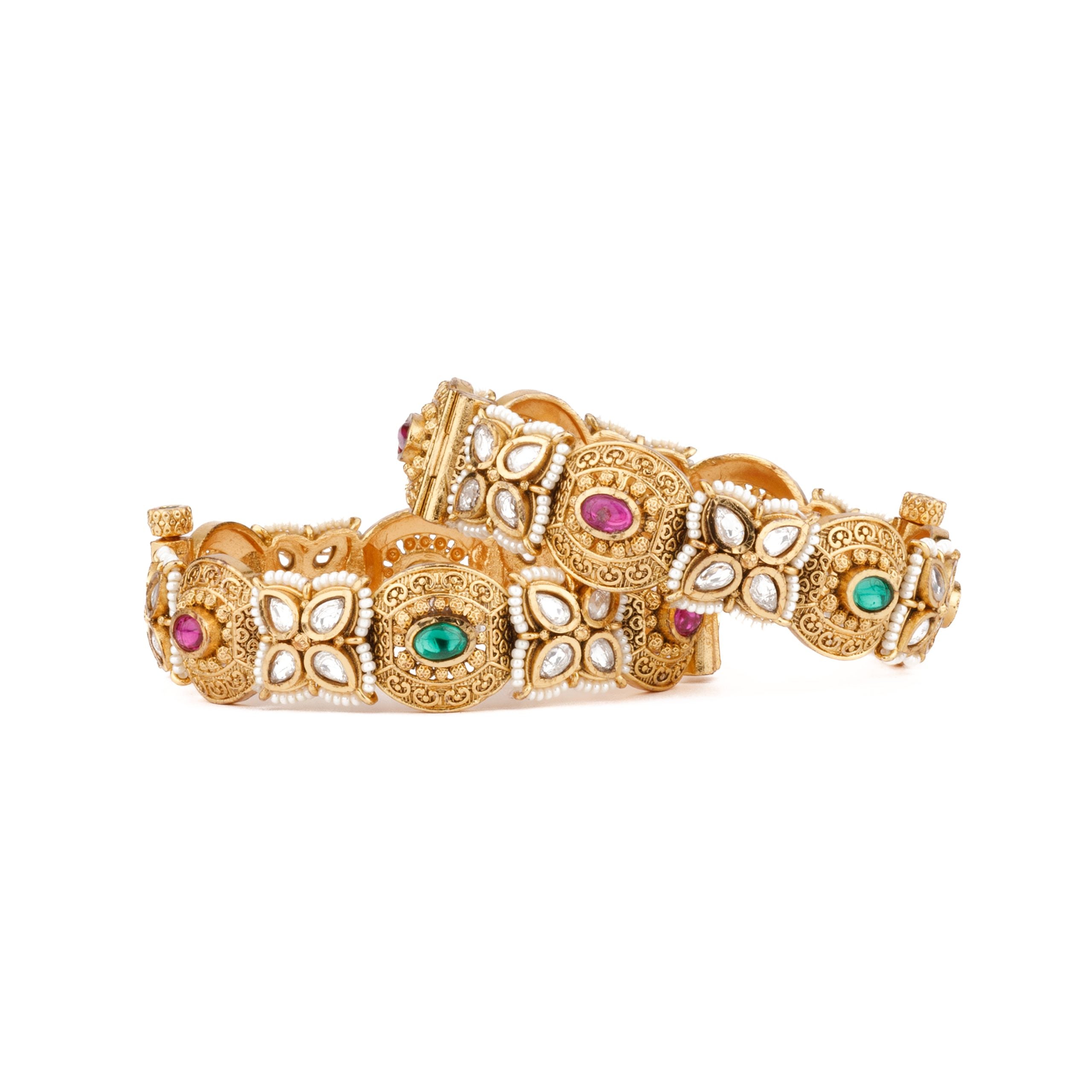 Image of Gold Plated Kundan With Pink & Green Onyx Stone Bangles, Set of 2