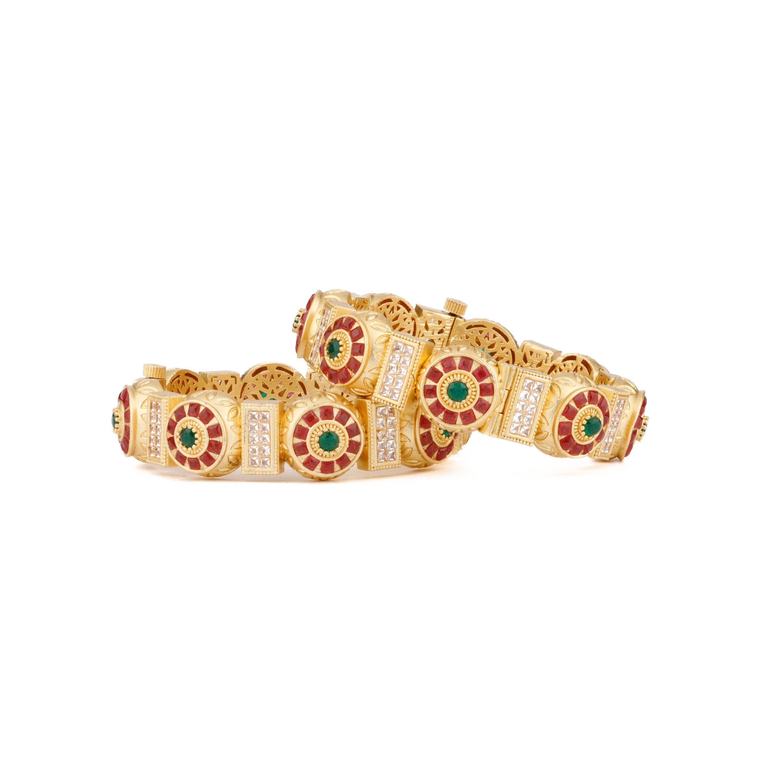 Image of Gold Plated Kundan & Green Onyx Stone Bangles, Set of 2