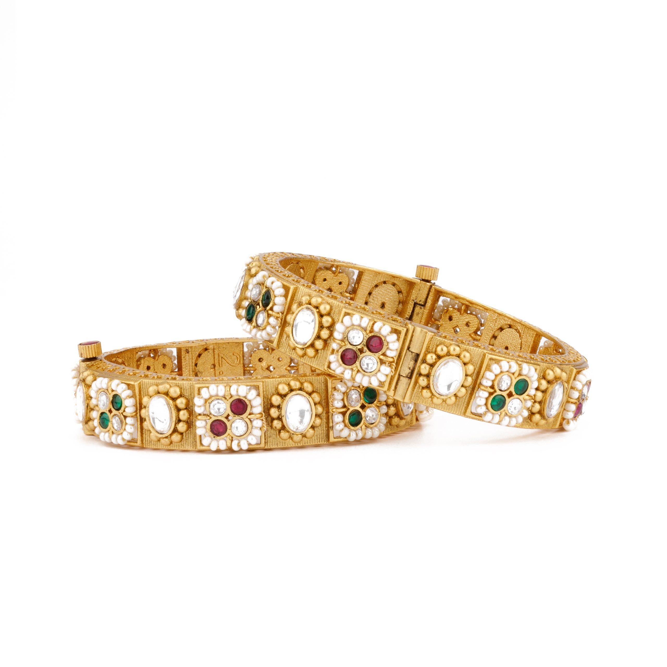 Image of Gold Plated Kundan With Pearls Red & Green Onyx Stone Bangles, Set of 2