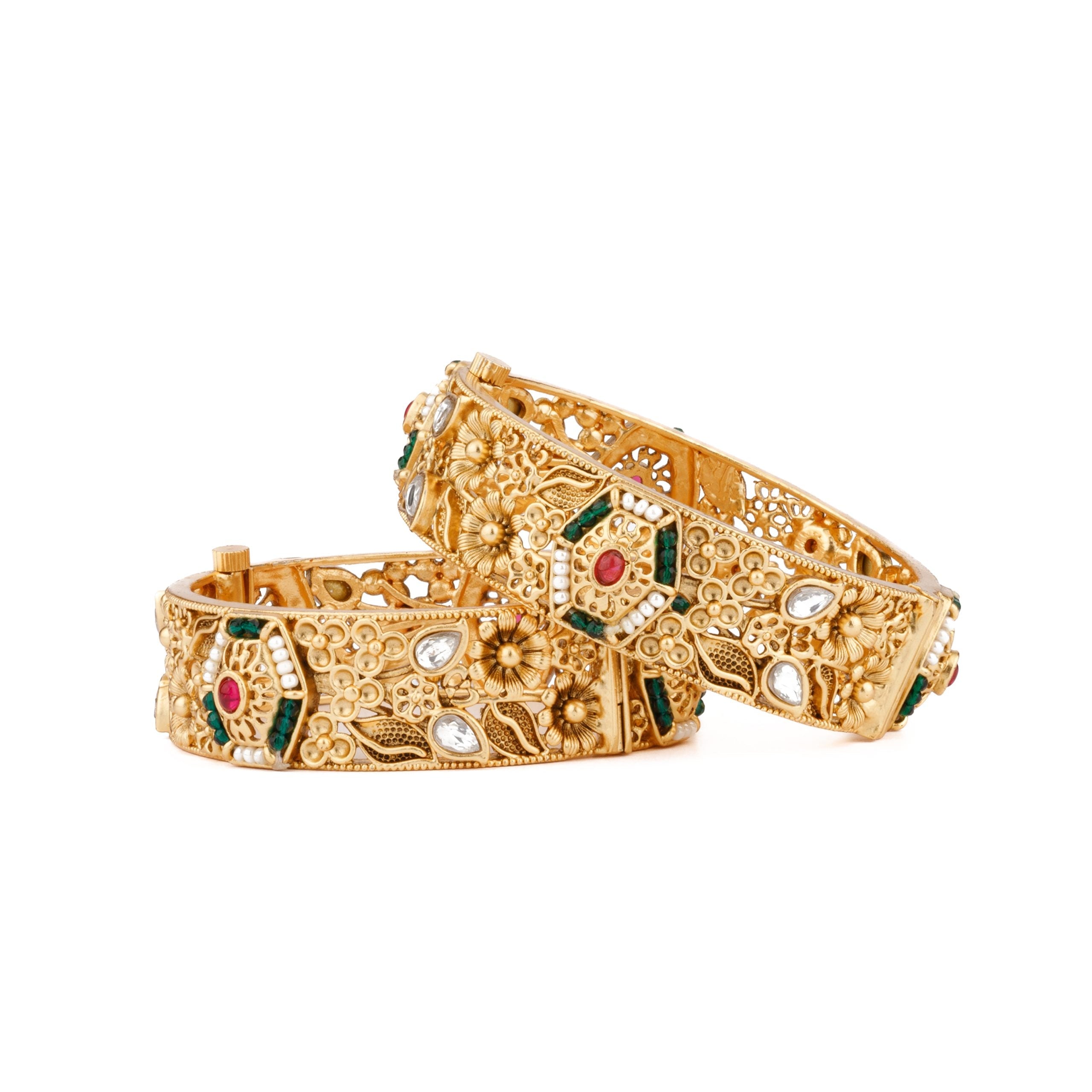 Image of Gold Plated Kundan With Pink Onyx Stone & Multi Color Pearls Bangles, Set of 2