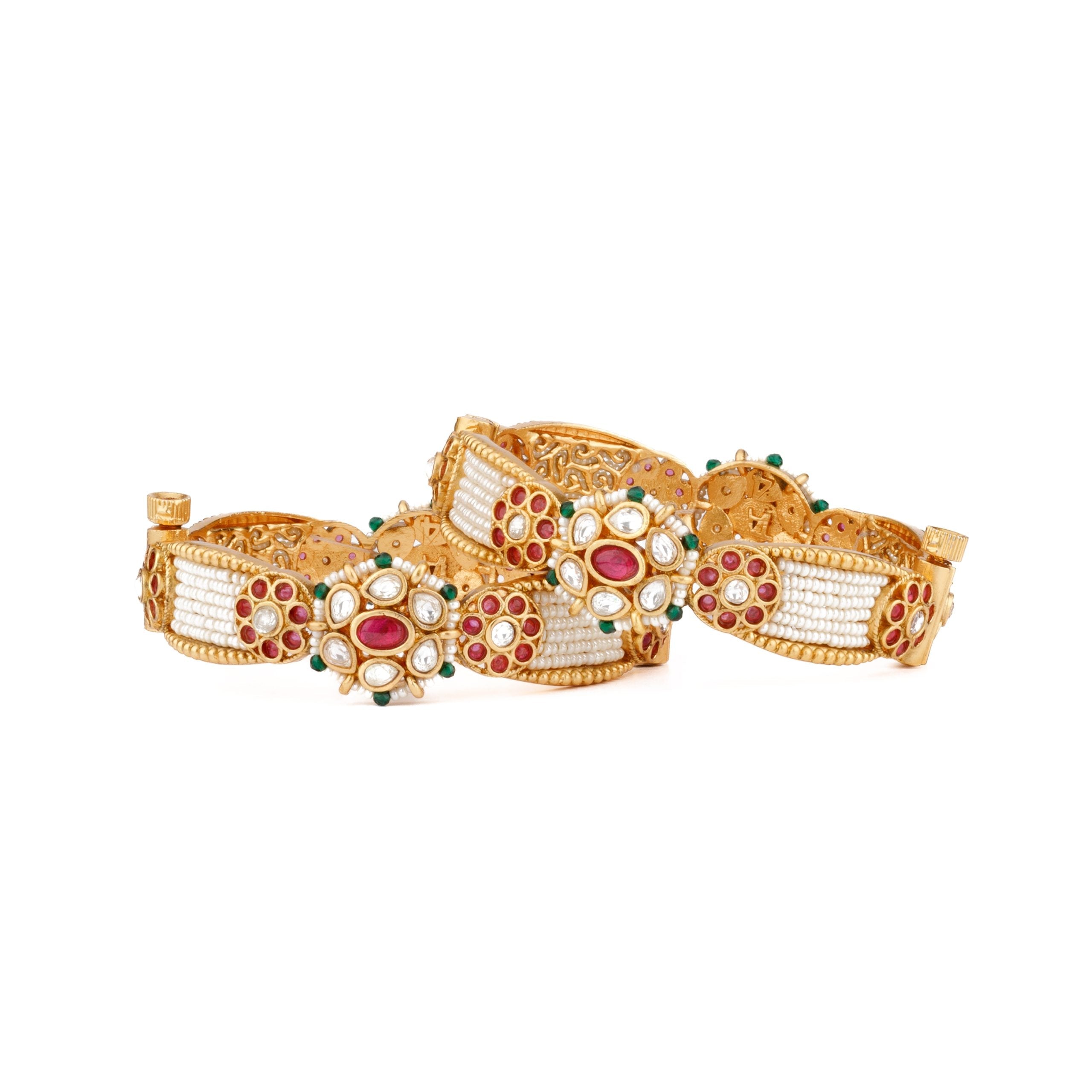 Image of Gold Plated Kundan & Multi Colour Onyx Stone With Pearls Bangles, Set of 2