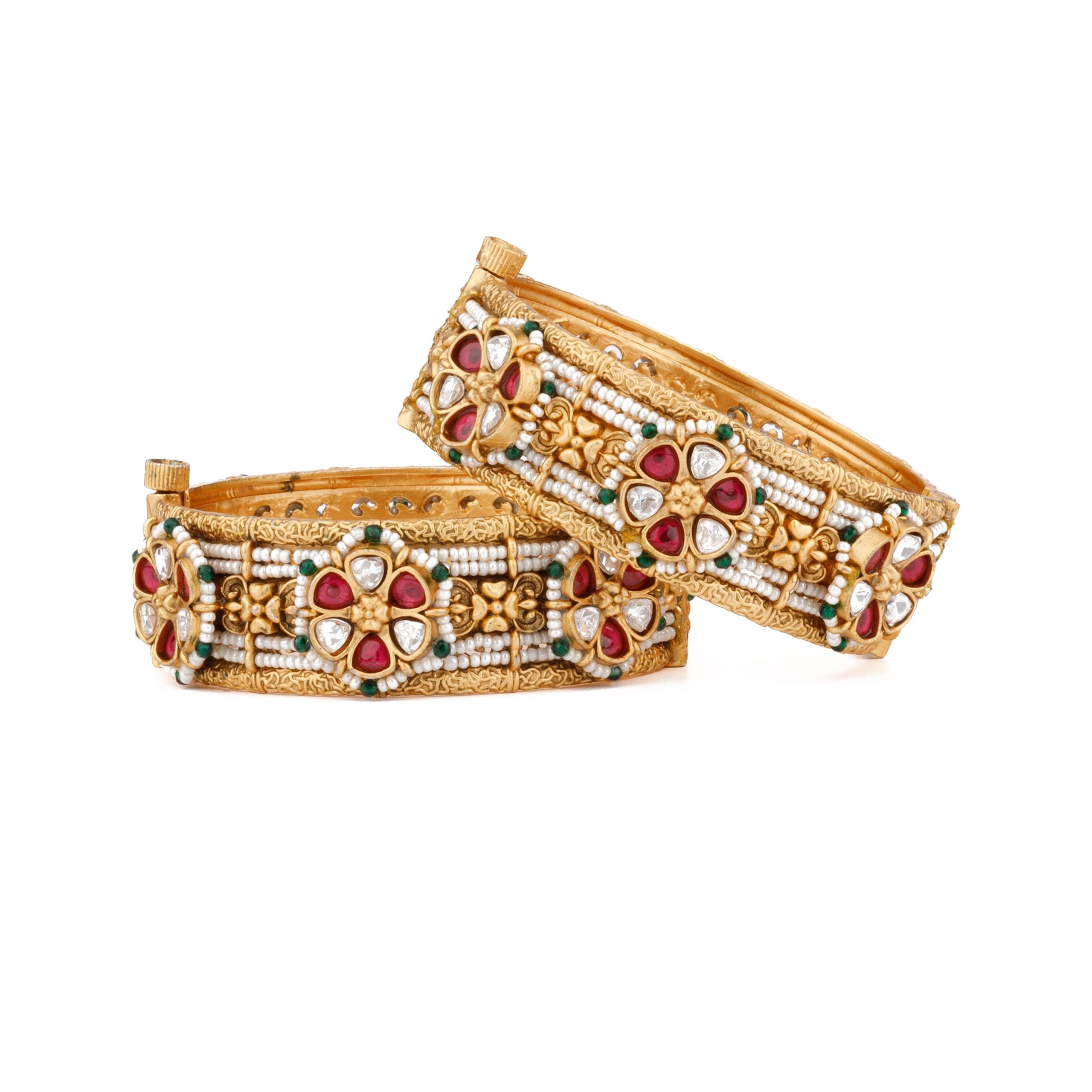 Image of Gold Plated Kundan With Red Onyx Stone Mixed Flower & Pearls Bangles, Set of 2