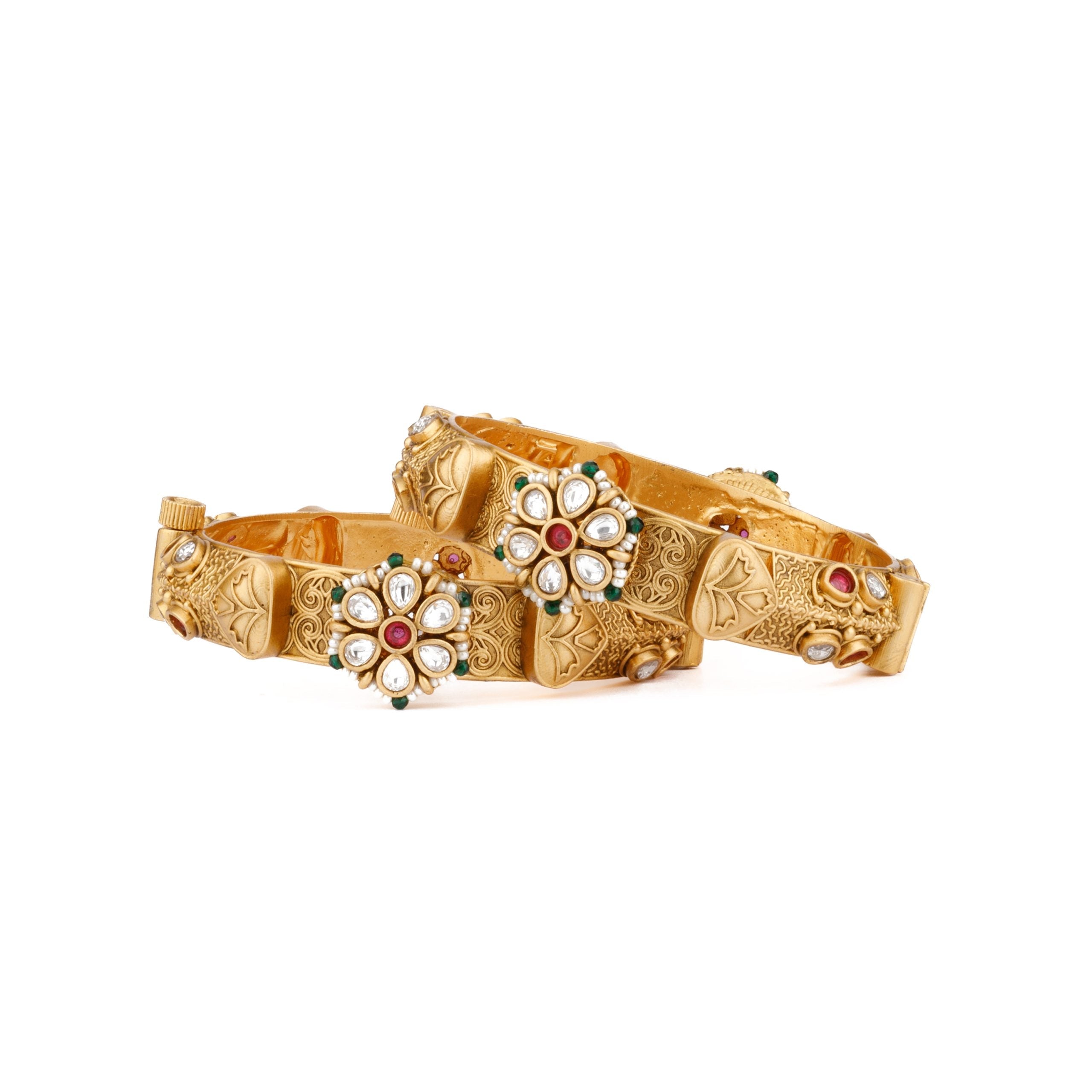 Image of Gold Plated Kundan With Red Onyx Stone & Mulit Colour Pearls Bangles, Set of 2