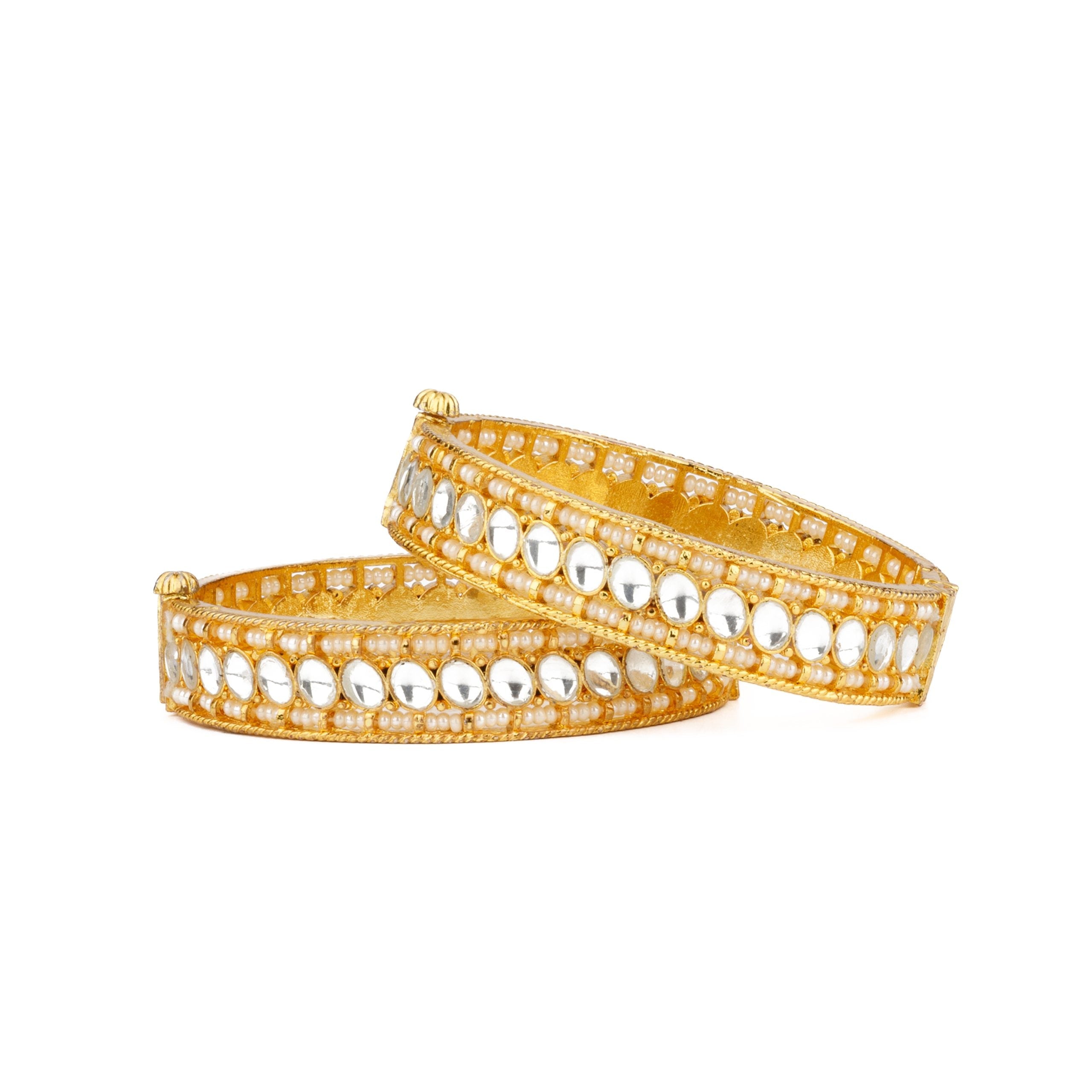 Image of Gold Plated Kundan With Pearls Kada Bangles, Set of 2