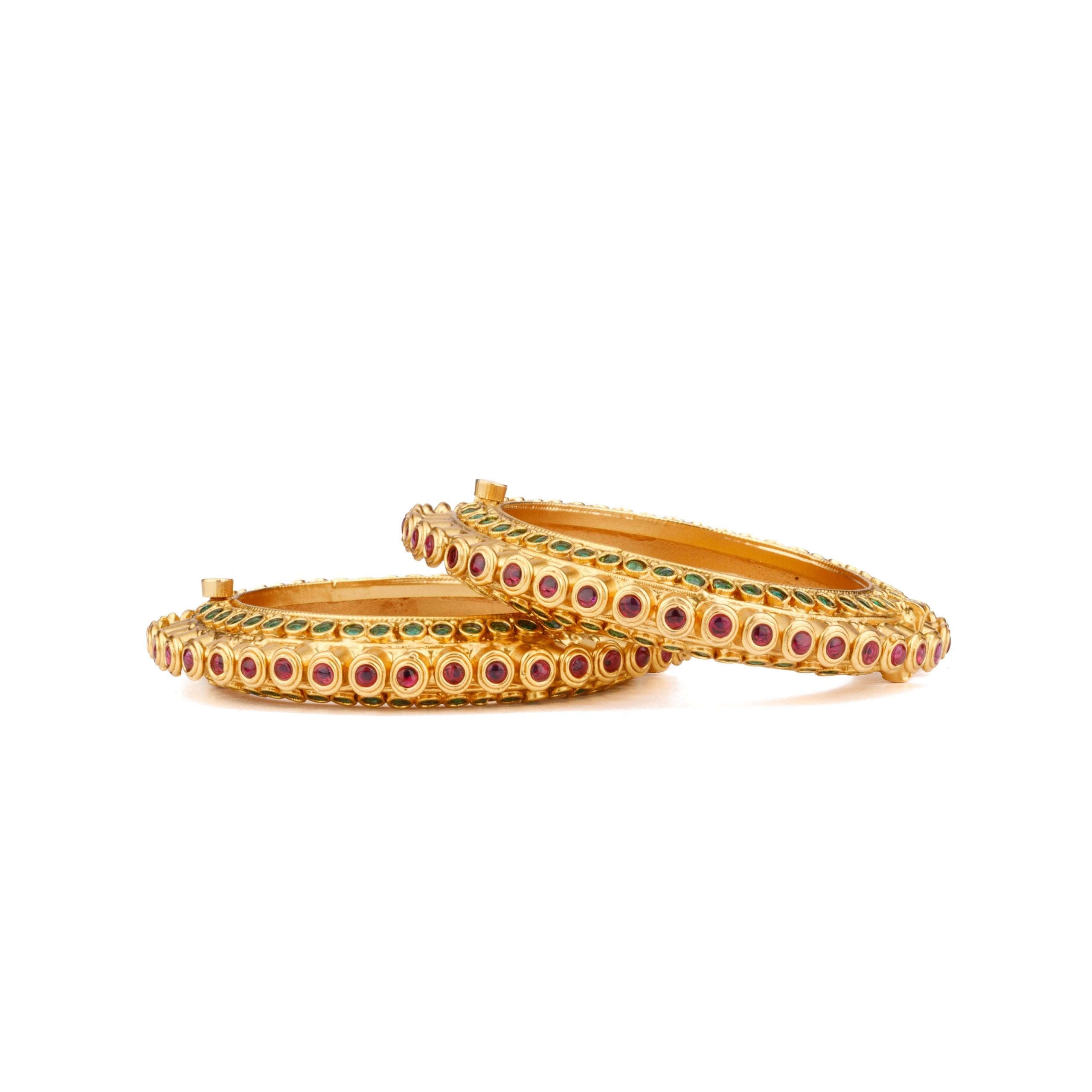 Image of Gold Plated Red & Green Onyx Stone Studded Bangles, Set of 2