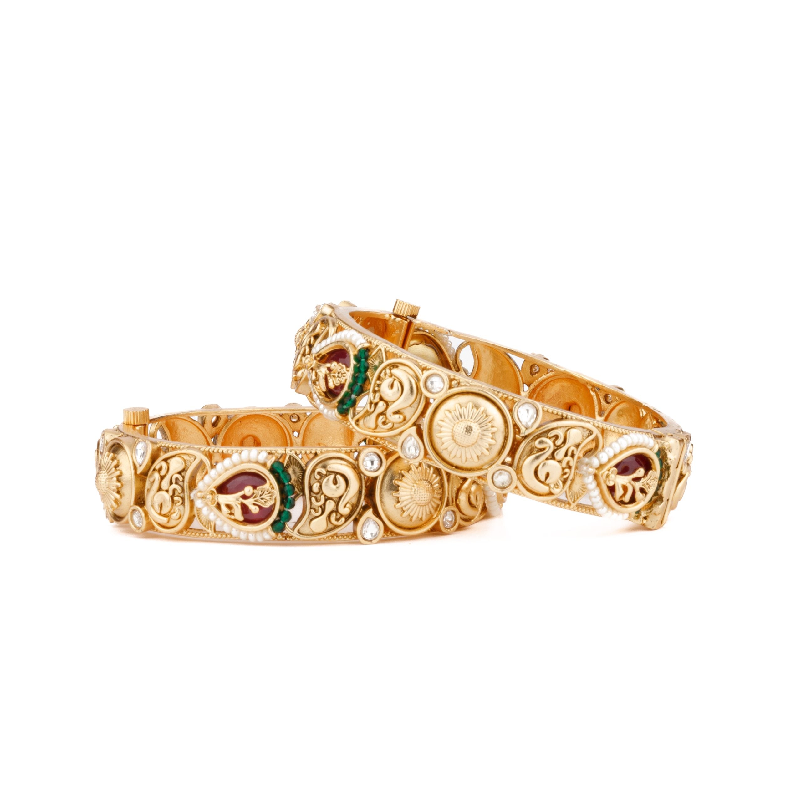 Image of Gold Plated Kundan With Red Onyx Stone & Pearl Bangles, Set of 2