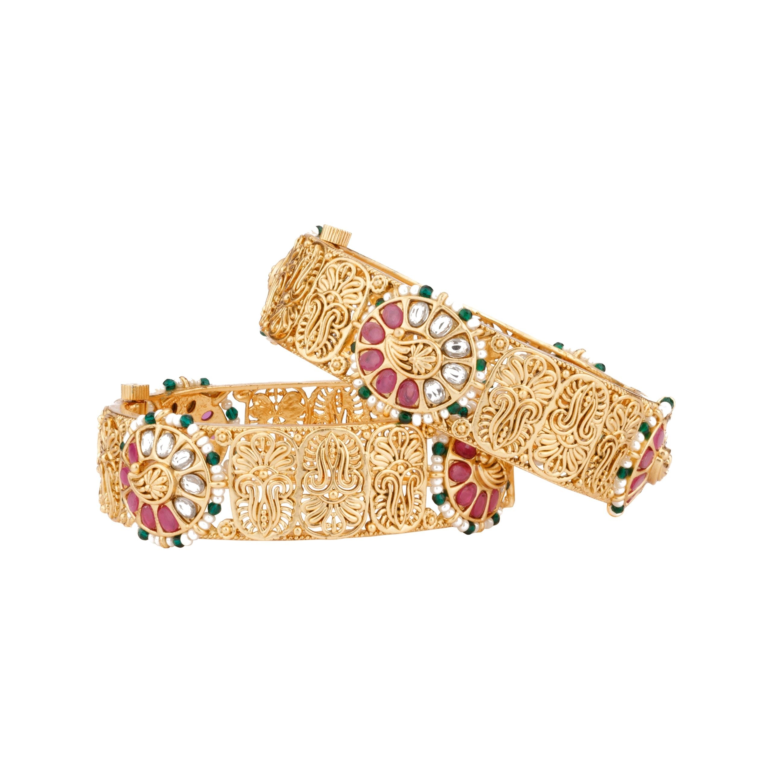 Image of Gold Plated Kundan & Red Onyx Stone Birds Motif Bangles, Set of 2