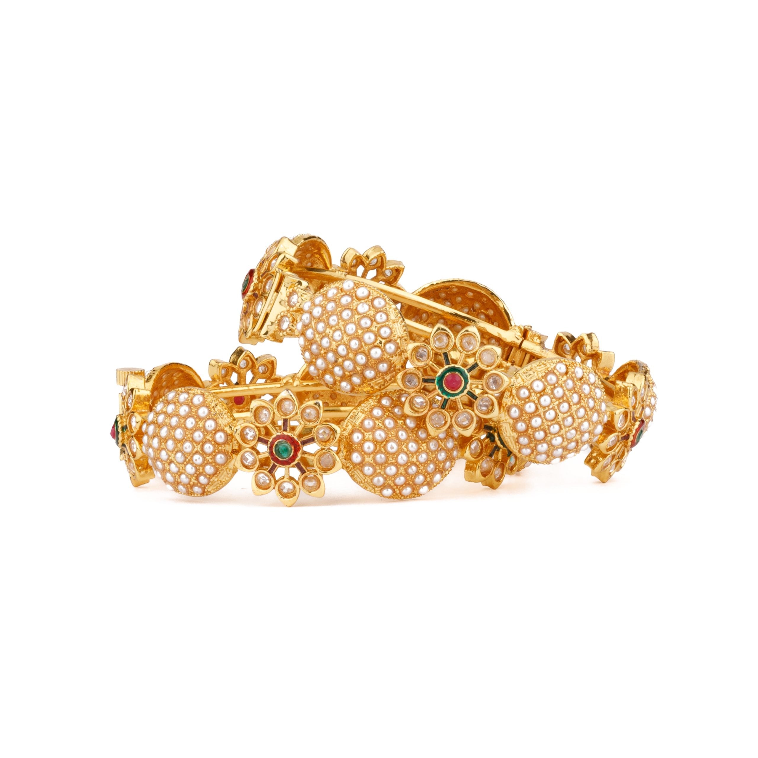 Image of Gold Plated Pearls Studded Openable Bangles, Set of 2