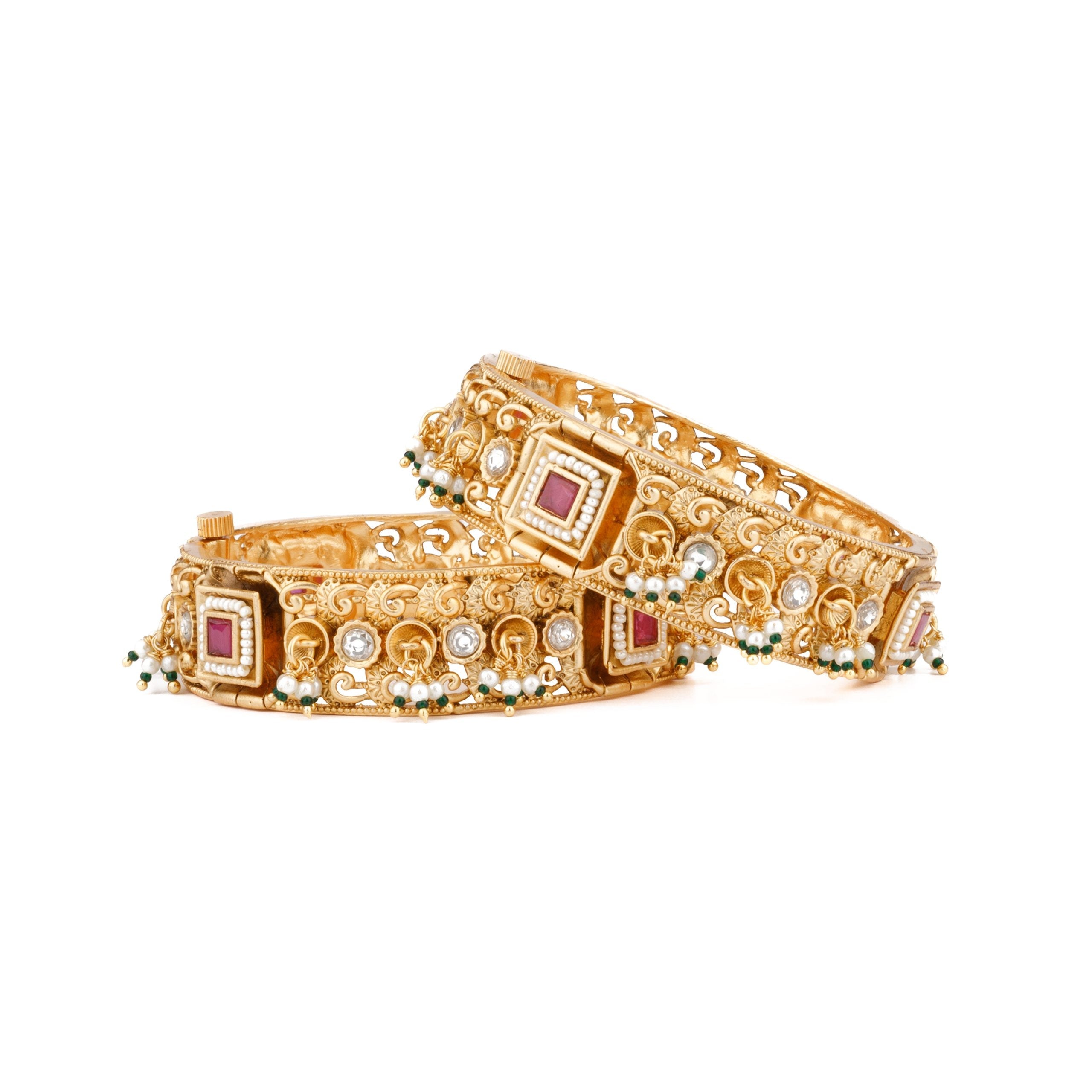 Image of Gold Plated Kundan &  Red Onyx Stone Bangles, Set of 2