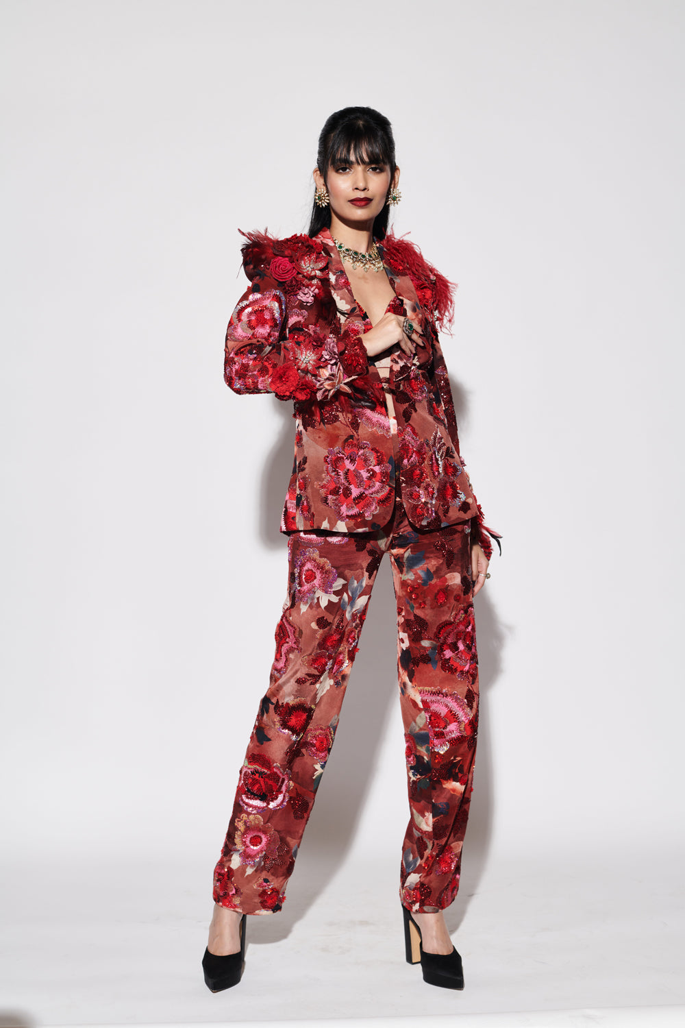 Red Printed Powder Shoulder Jacket Set