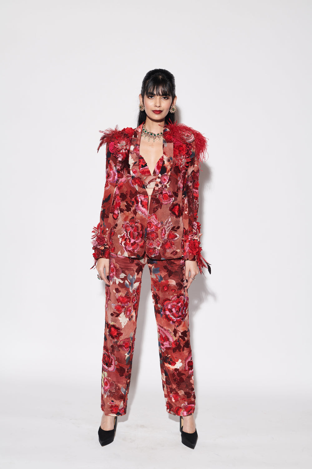 Red Printed Powder Shoulder Jacket Set