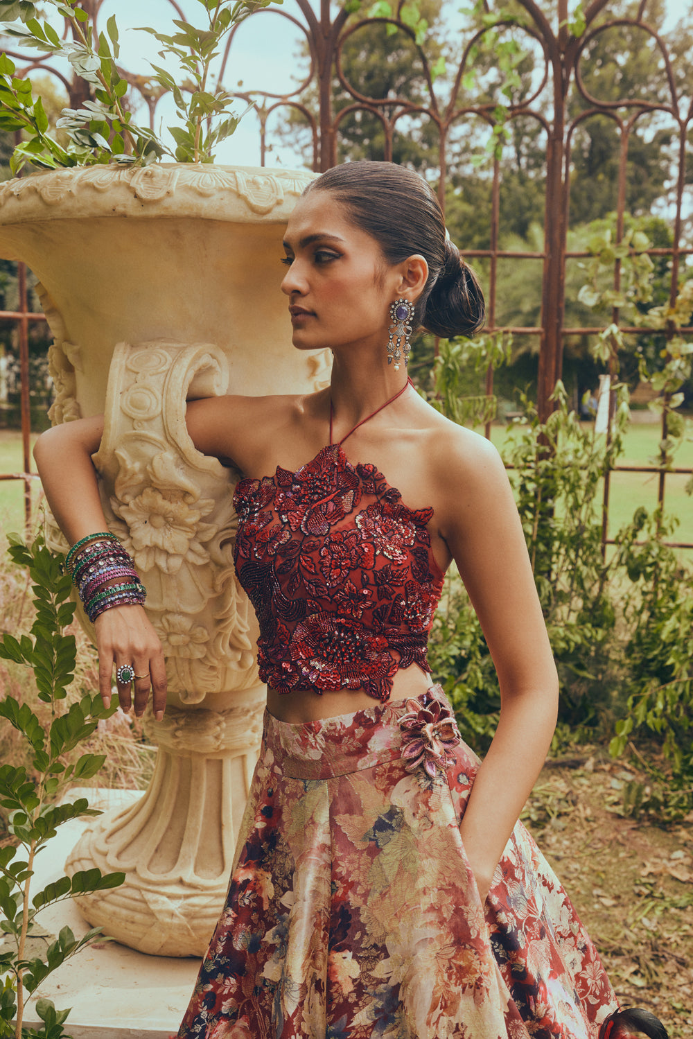 Red Printed Corsage Lehenga Set