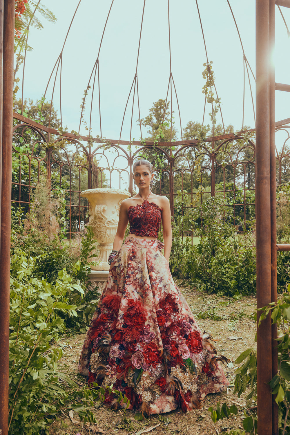 Red Printed Corsage Lehenga Set