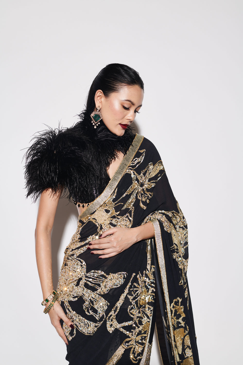 Black Printed Saree With Beaded Blouse (Feather Cape Is Additional)