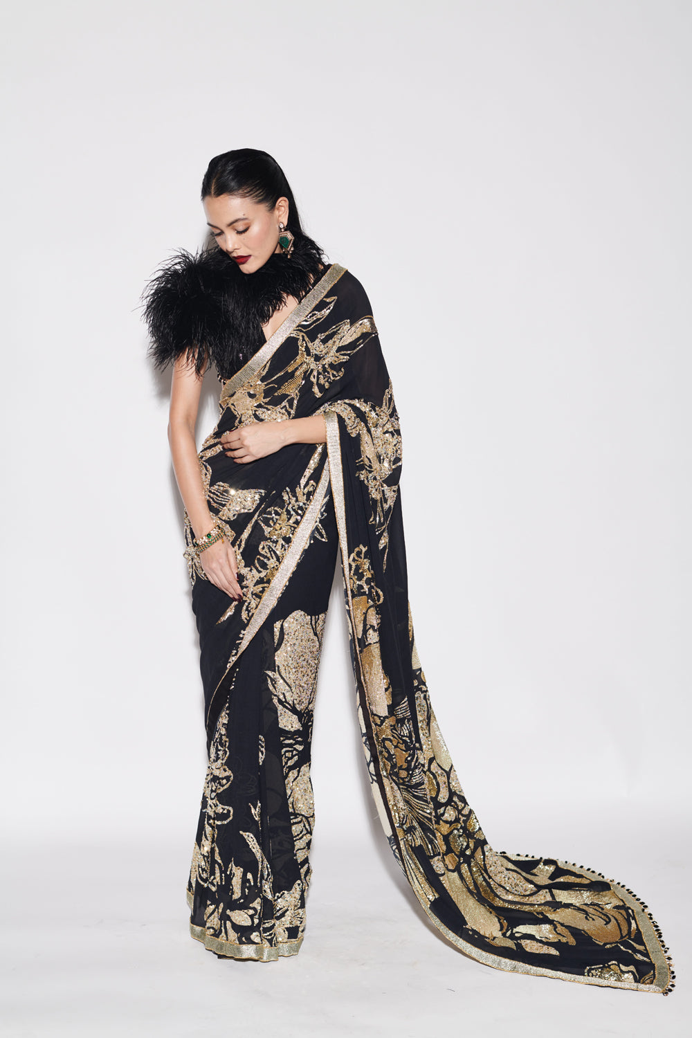 Black Printed Saree With Beaded Blouse (Feather Cape Is Additional)