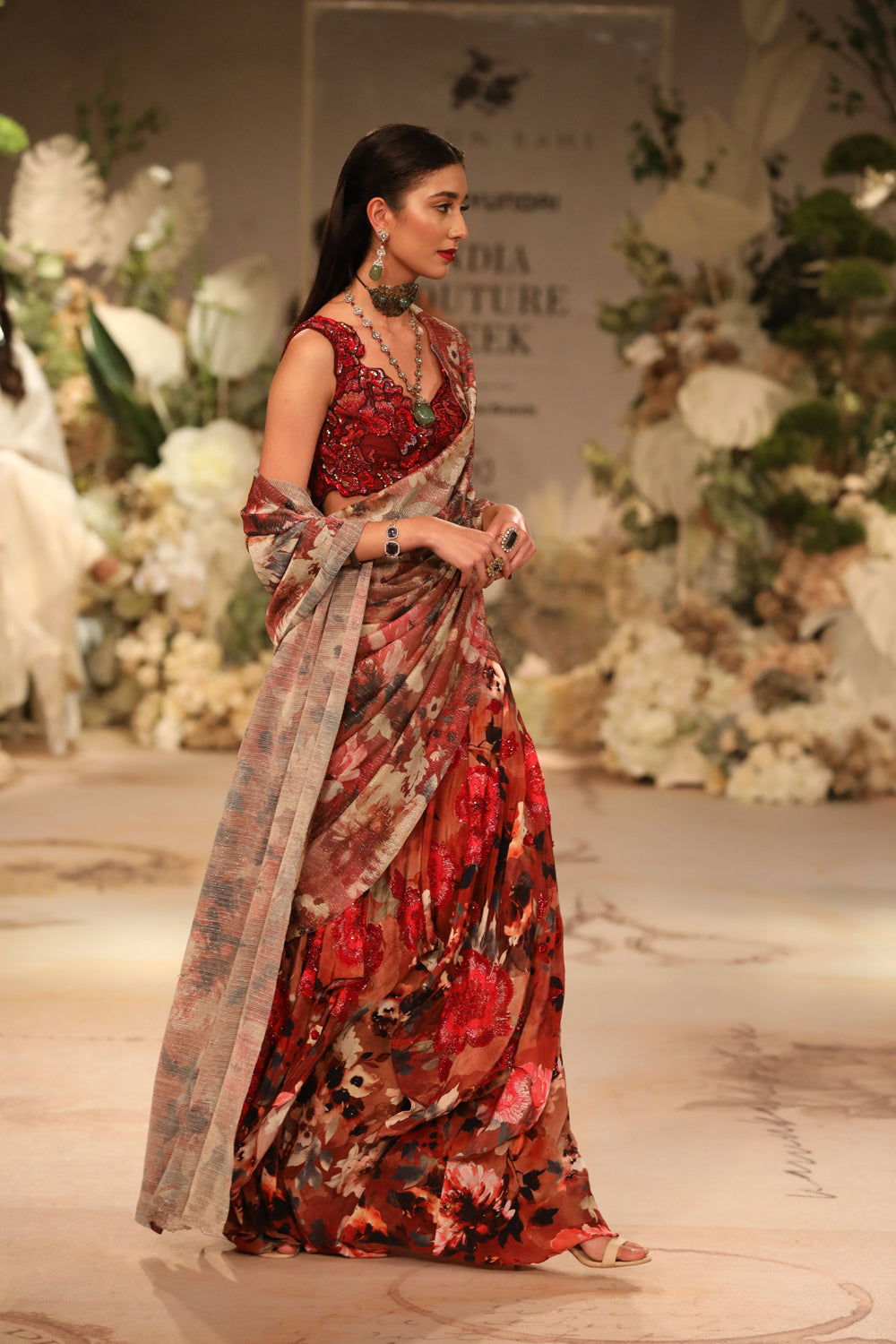 Red Printed Saree Gown With Embroidered Bodice