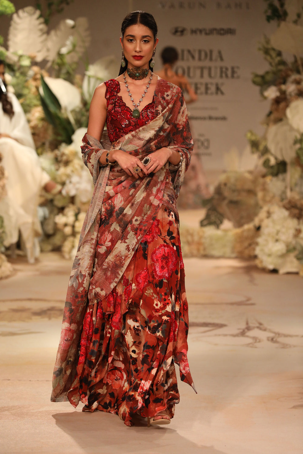 Red Printed Saree Gown With Embroidered Bodice