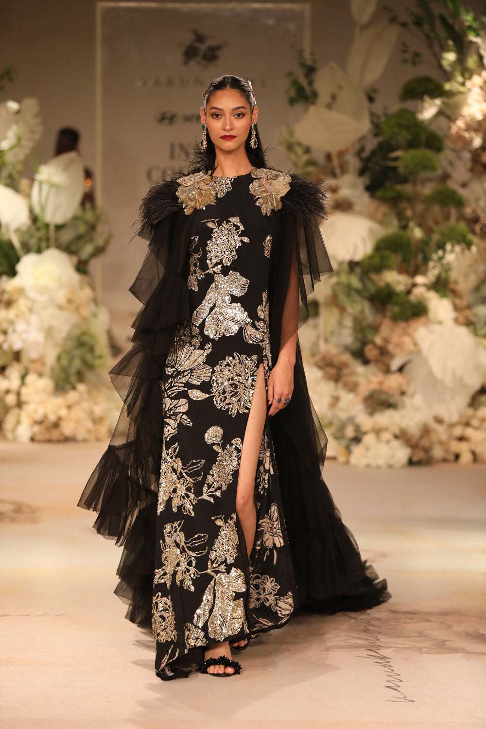 Black & Gold Embroidered Gown With Tulle Cape