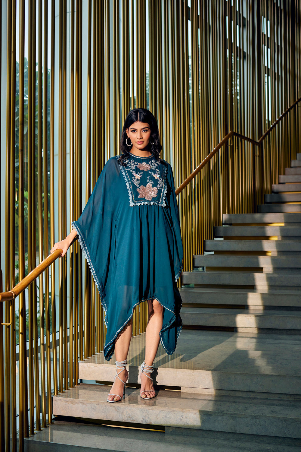 Teal Embroidered Short Kaftan