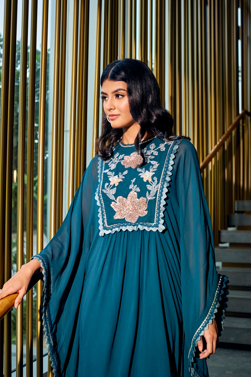 Teal Embroidered Short Kaftan