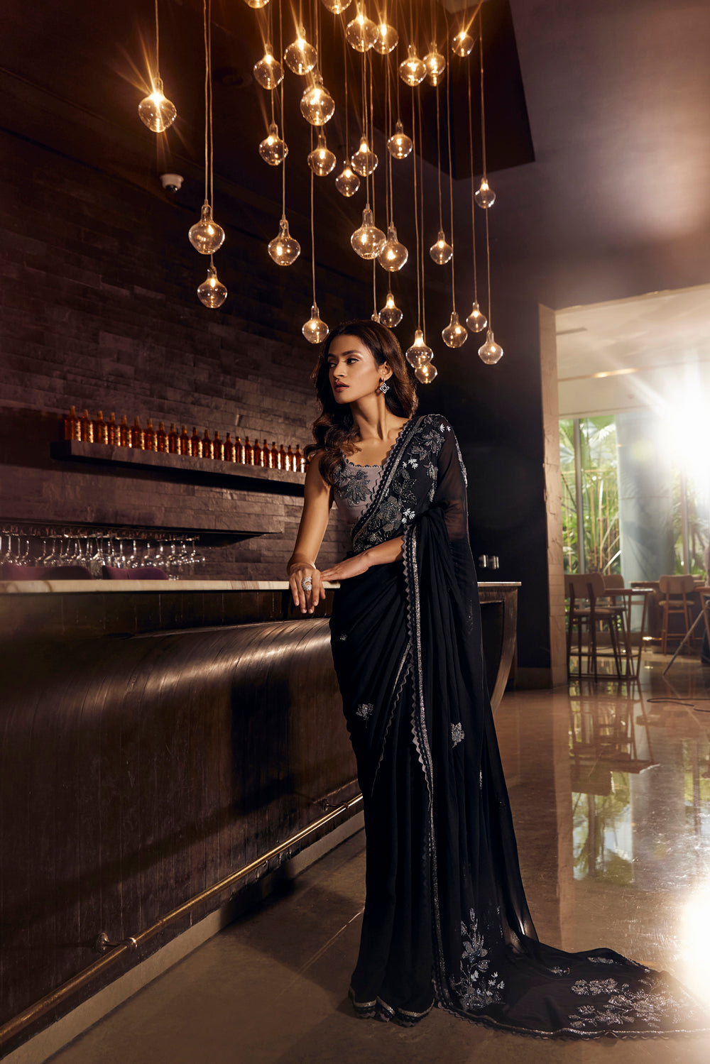 Black Embroidered Saree Set